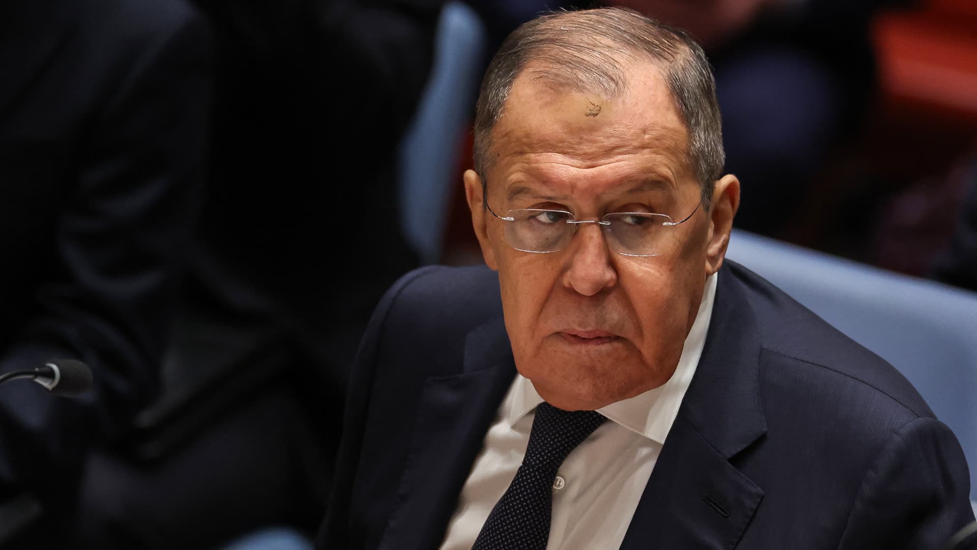 Russian foreign minister Sergey Lavrov listens during a United Nations Security Council meeting on Ukraine, at UN headquarters in New York City on January 22, 2024.
