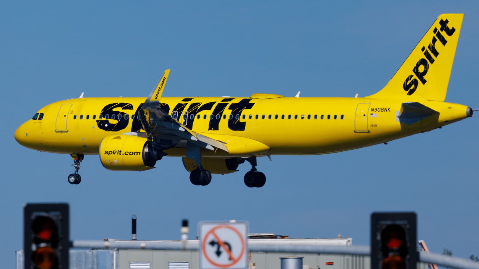 A Spirit commercial airliner prepares to land at San Diego International Airport in San Diego, California, U.S., January 18, 2024. 