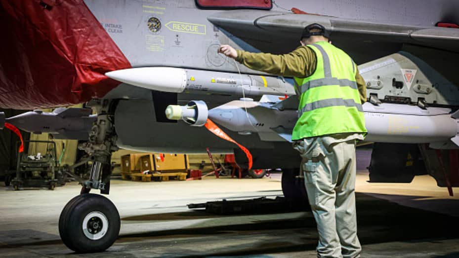 AKROTIRI, CYPRUS - JANUARY 22: In this handout image provided by the UK Ministry of Defence, a Royal Air Force Typhoon FGR4 is prepared for take off to carry out air strikes against Houthi military targets in Yemen at RAF Akrotiri on January 22, 2024 in Akrotiri, Cyprus. On 22 January, the UK conducted further strikes against Houthi targets, following the initial operation on January 11 to protect global shipping in the region. Four Royal Air Force Typhoon FGR4s, supported by a pair of Voyager tankers, join