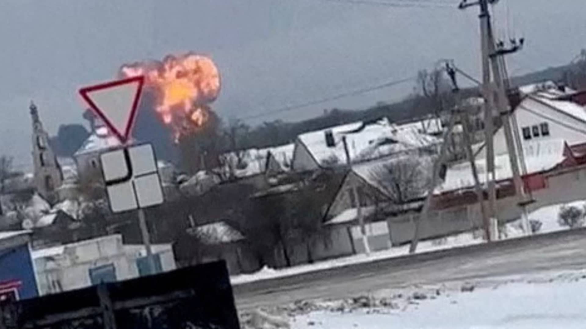 A Russian military transport plane crashes near Yablonovo, Belgorod Region, Russia, January 24, 2024, in this screen grab from a social media video obtained by REUTERS