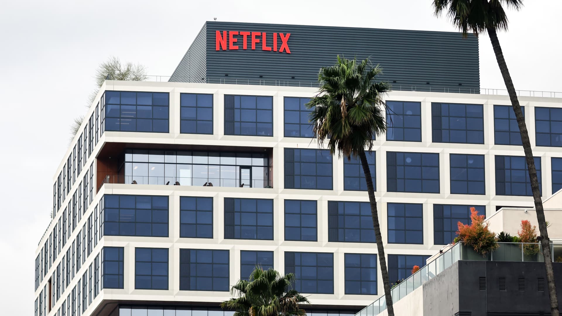The Netflix logo is displayed above its corporate offices in Los Angeles on January 24, 2024.