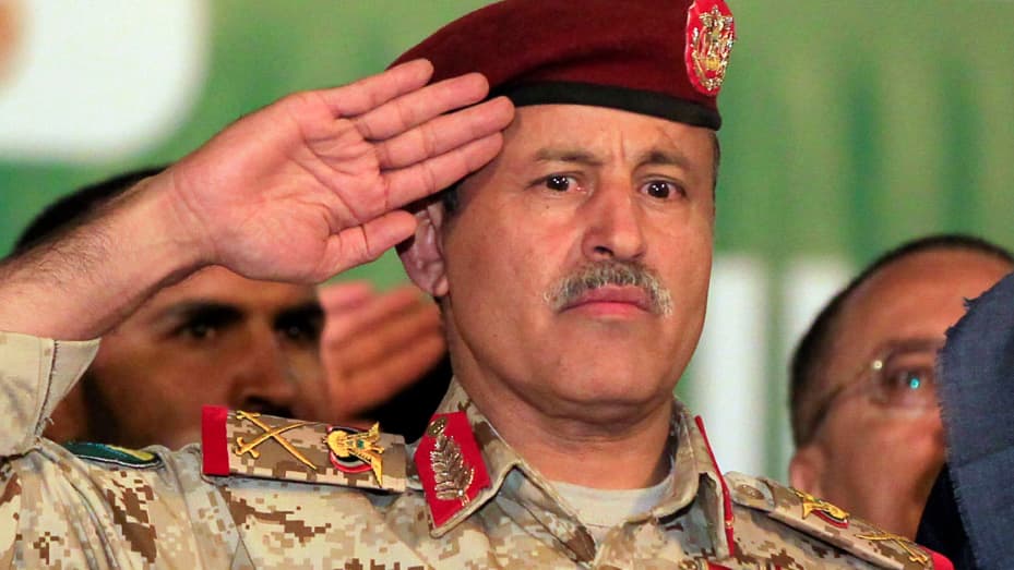 Major General Muhammad Nasser al-Atifi, defence minister of the administration of Yemen's Houthi rebels in control of the capital Sanaa, attends an official parade commemorating the eighth anniversary of the Houthi takeover of Sanaa on September 20, 2022.