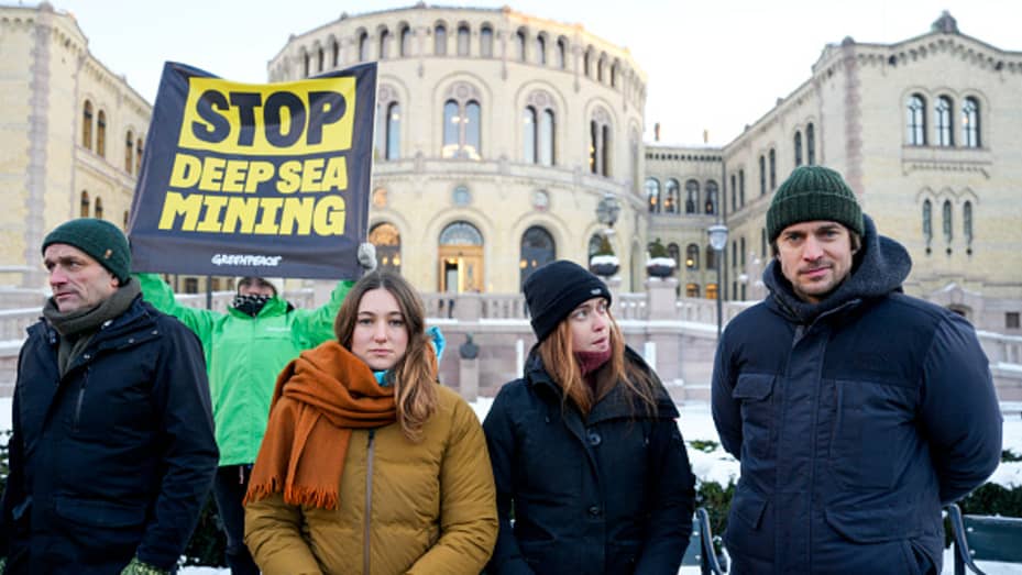 (L-R) Norwegian member of Parliament Arild Hermstad, French climate activists Camille Etienne and Anne-Sophie Roux, and French actor Lucas Bravo attend a demonstration against seabed mining outside the Norwegian Parliament building in Oslo, Norway on January 9, 2024. Norway's parliament voted on January 9, 2024 on a bill on opening up parts of its seabed to mining, spurring protests from environmental activists worried about the impact. (Photo by Javad Parsa / NTB / AFP) / Norway OUT (Photo by JAVAD PARSA/N