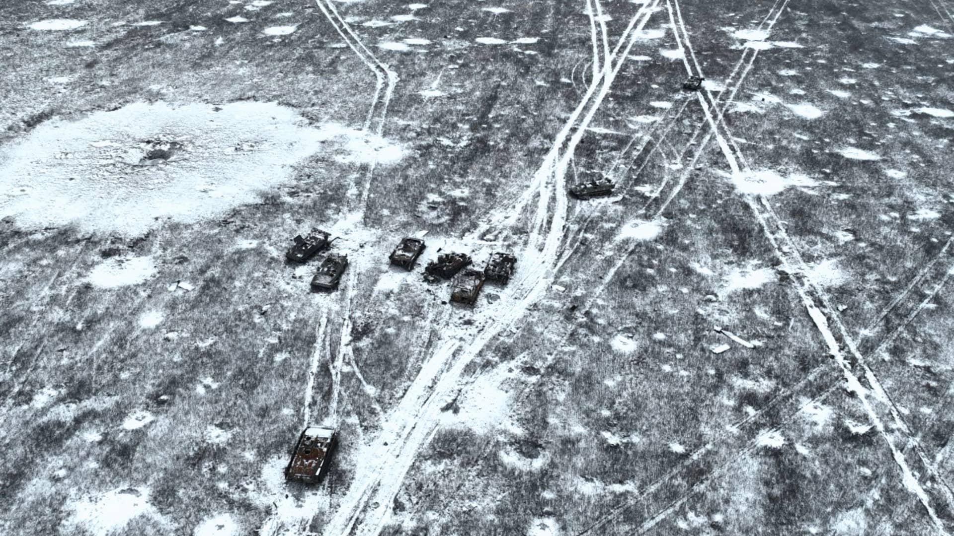  A snowy field with traces of artillery and recently destroyed Russian heavy equipment on the outskirts of the city on January 25, 2023 in Avdiivka, Ukraine. Both Ukraine and Russia have recently claimed gains in the Avdiivka, where Russia is continuing a long-running campaign to capture the city, located in the Ukraine's eastern Donetsk Region. 