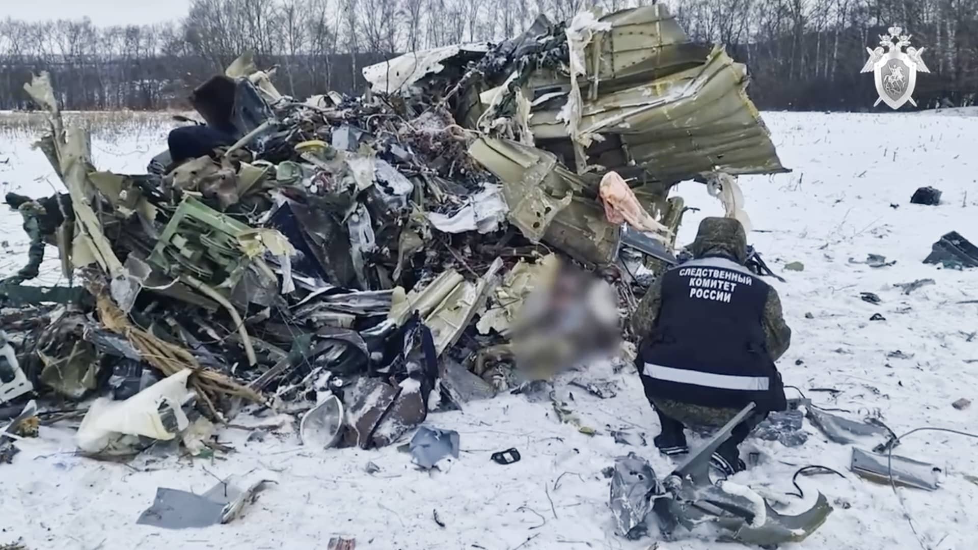 A screen grab captured from a video shows the site as officials inspect here, after the military transport plane that crashed in the Belgorod region a day earlier killing all 74 people on board, in Belgorod, Russia on January 25, 2024. 