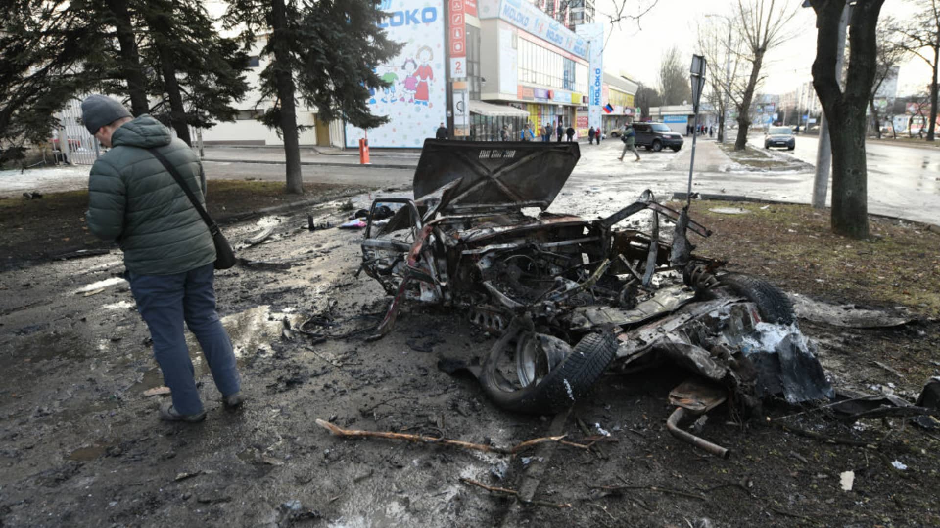 The scene of recent shelling in Donetsk, Russian-controlled Ukraine, on January 29, 2024, amid the Russia-Ukraine conflict.