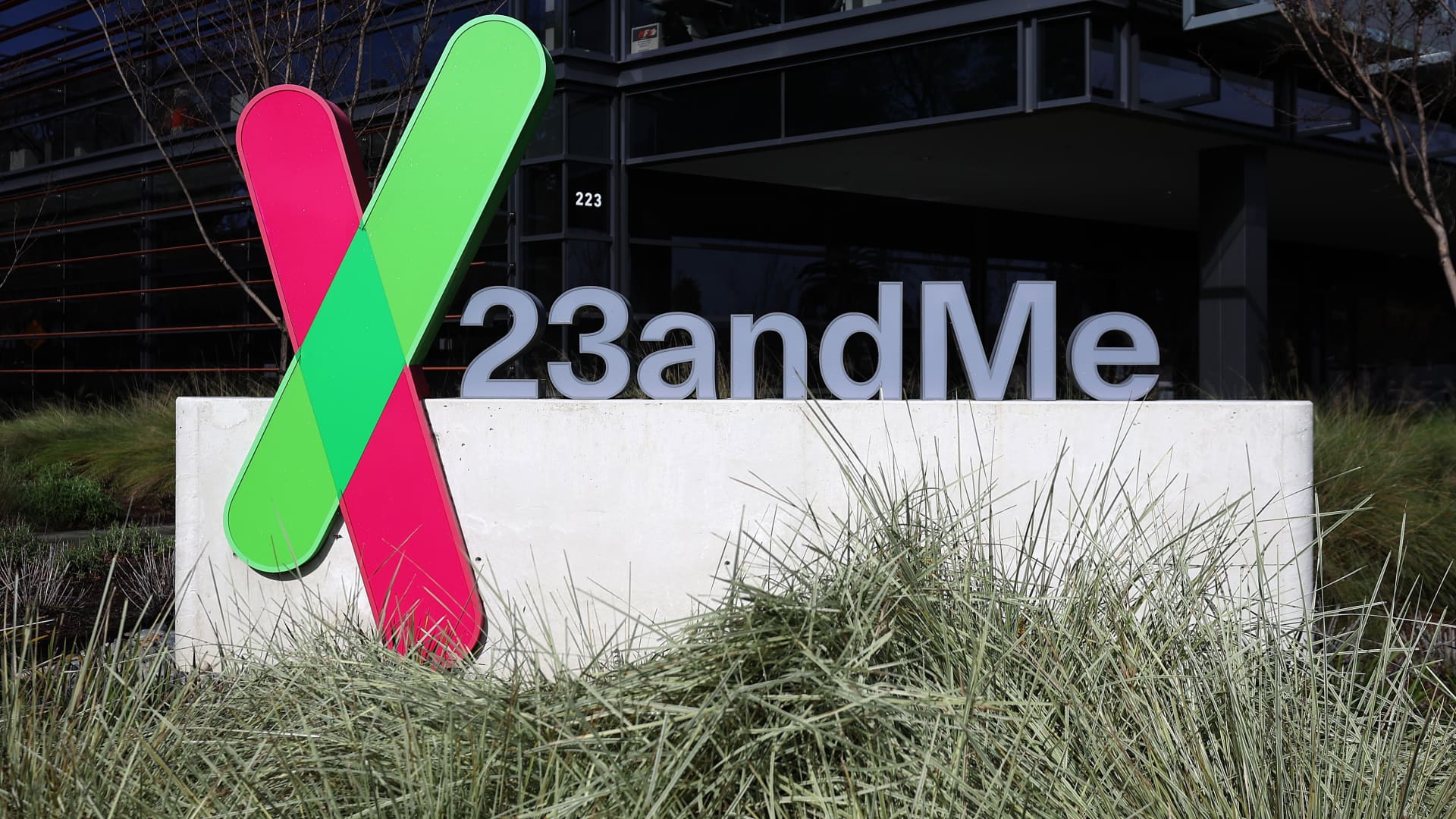 A sign posted in front of 23andMe's headquarters in Sunnyvale, California, on February 1, 2024. 