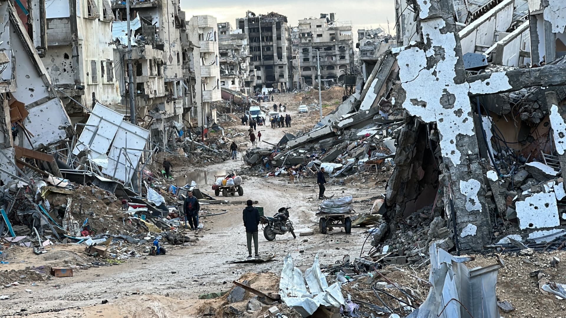 A view of destruction with destroyed buildings and roads after Israeli Forces withdrawn from the areas in Khan Yunis, Gaza on February 02, 2024. 