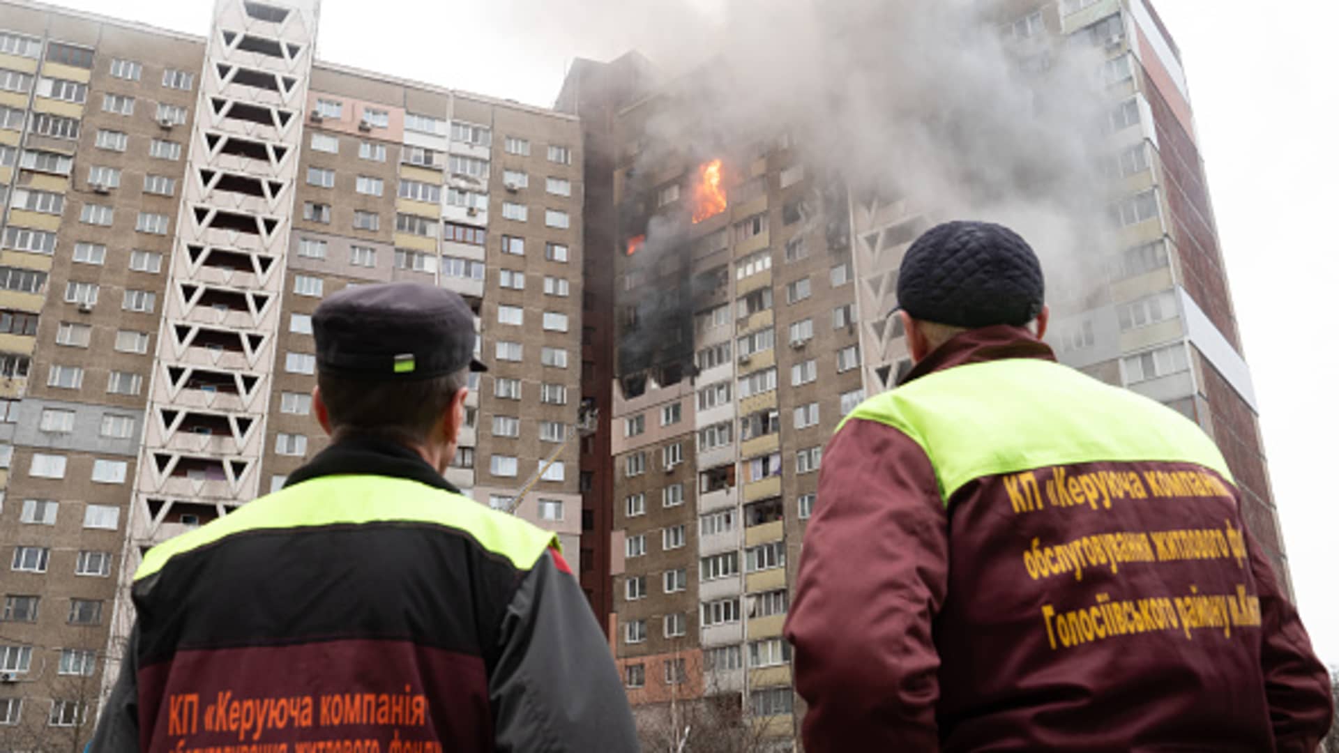 A view of a burning building as a result of a Russian missile attack as the teams continue to intervene on the region in Kyiv, Ukraine on February 07, 2024. Due to the attack, 4 people were killed, 19 people were injured and 60 people were evacuated from the building. 