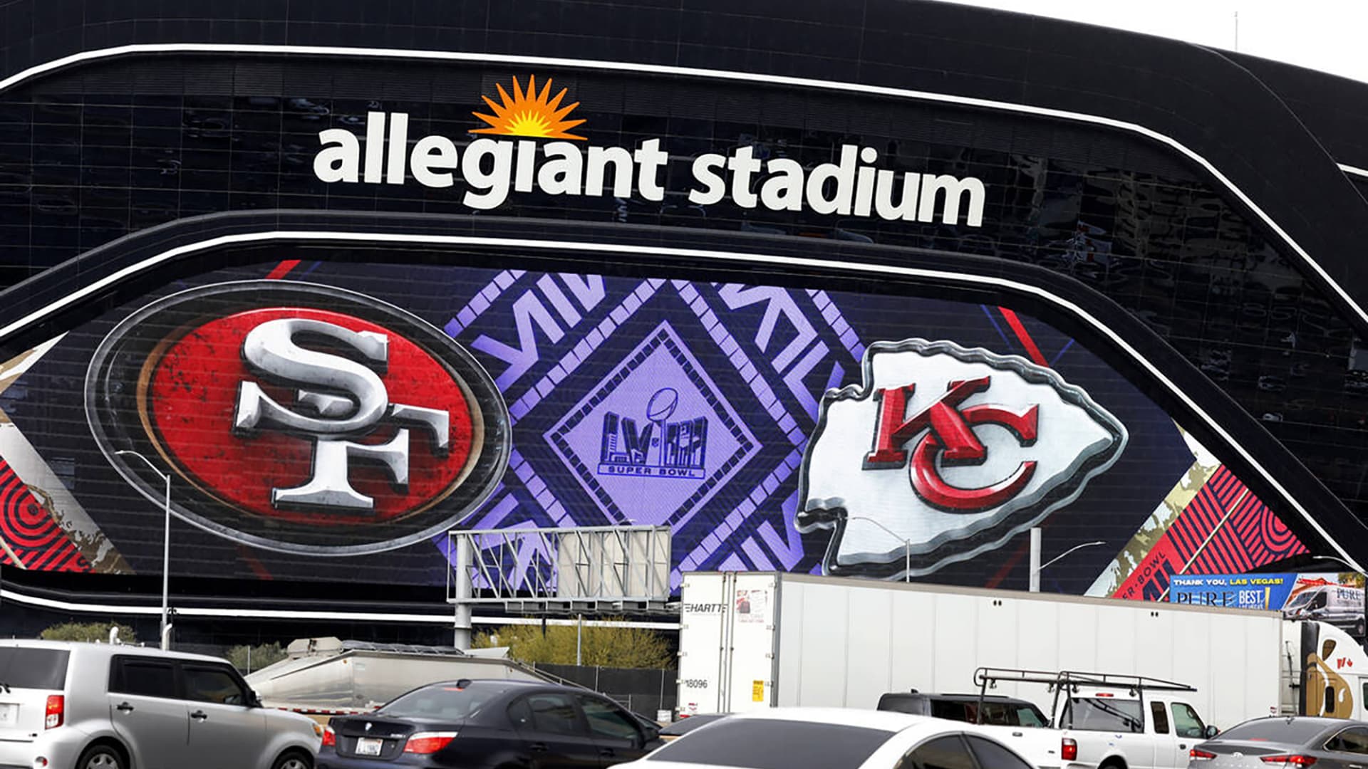 Allegiant Stadium is seen dressed up for the Super Bowl as preparations continue, on Feb. 2, 2024, in Las Vegas.