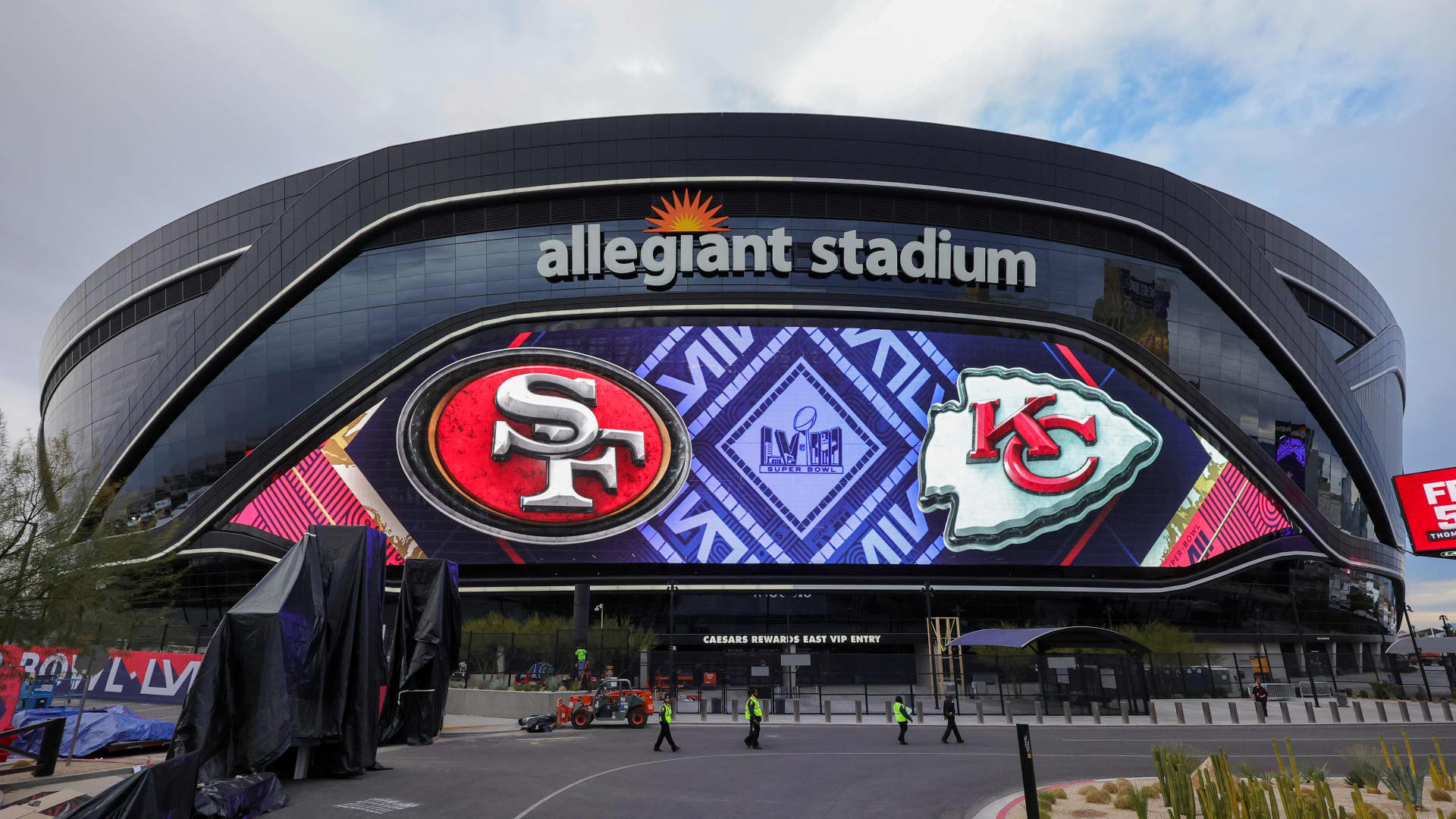 A video board displays a logo for Super Bowl LVIII at Allegiant Stadium on February 01, 2024 in Las Vegas, Nevada.