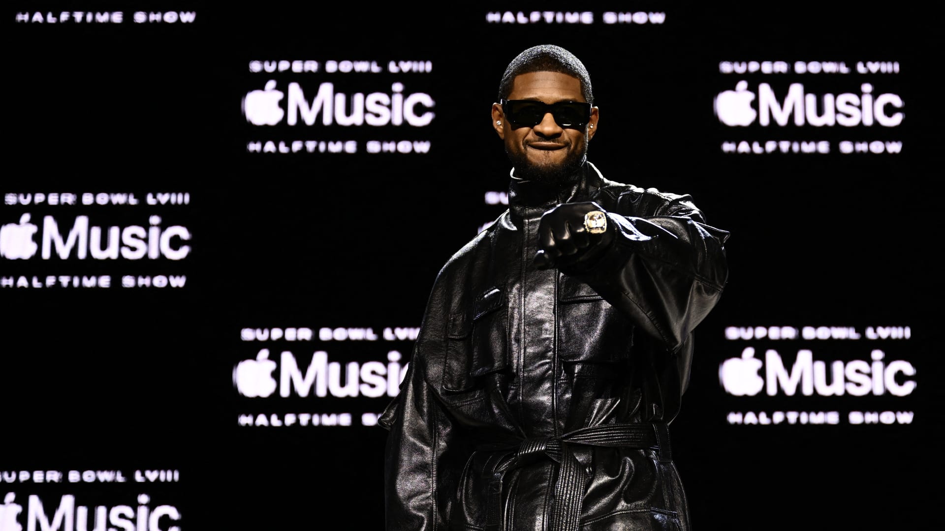 US singer and songwriter Usher poses for photos during a press conference ahead of Super Bowl LVIII in Las Vegas, Nevada on February 8, 2024. 