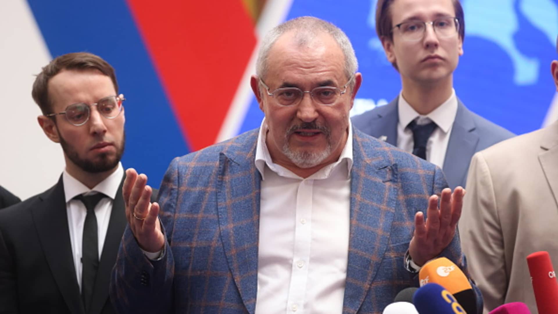 Russian politician, the Civic Initiative Party hopeful Boris Nadzhdin speaks to journalists after the meeting at the Central Elections Commission, on February 8, 2024, in Moscow, Russia. 