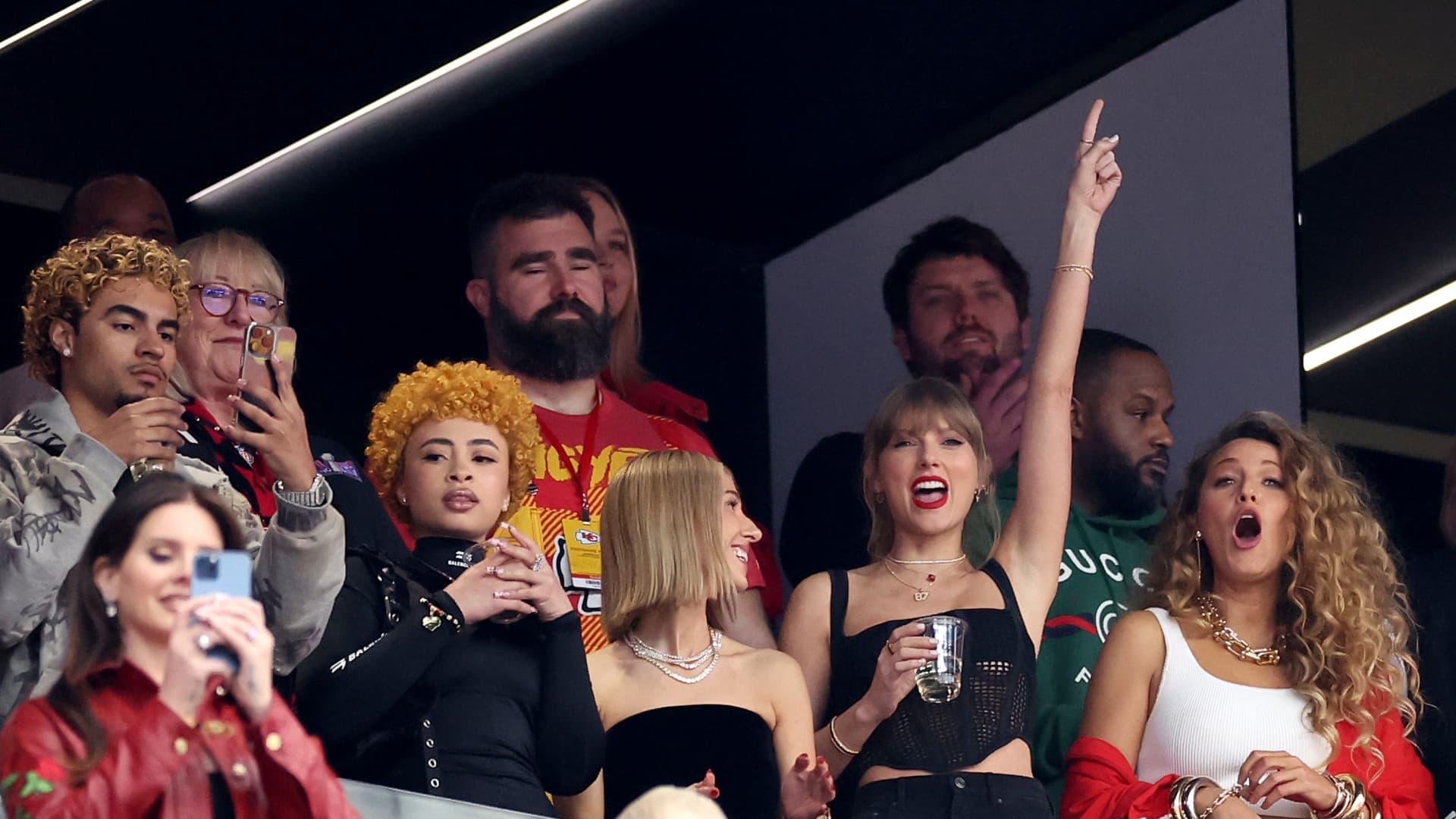 Singer Taylor Swift and Actress Blake Lively react prior to Super Bowl LVIII between the San Francisco 49ers and Kansas City Chiefs at Allegiant Stadium on February 11, 2024 in Las Vegas, Nevada. 
