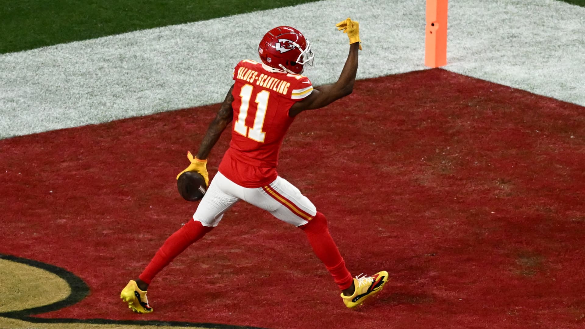 Kansas City Chiefs' wide receiver #11 Marquez Valdes-Scantling celebrates after scoring a touchdown during Super Bowl LVIII between the Kansas City Chiefs and the San Francisco 49ers at Allegiant Stadium in Las Vegas, Nevada, February 11, 2024.