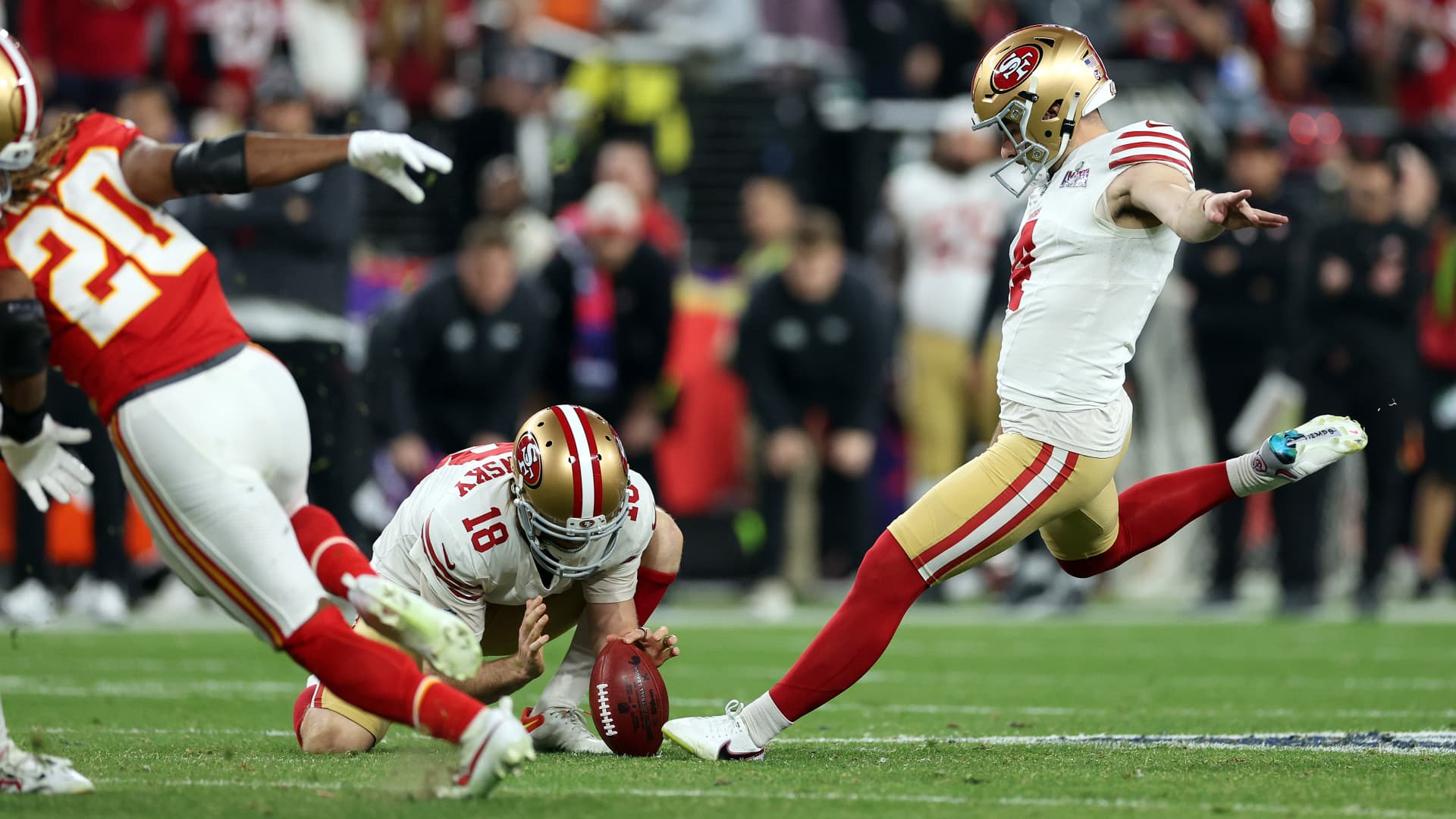 Jake Moody #4 of the San Francisco 49ers kicks a field goal in the fourth quarter against the Kansas City Chiefs during Super Bowl LVIII at Allegiant Stadium on February 11, 2024 in Las Vegas, Nevada. 