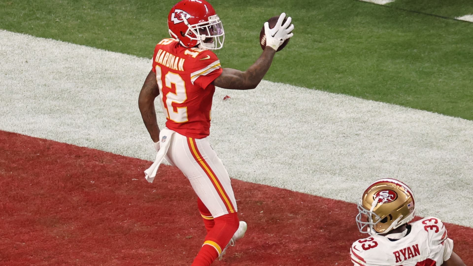 Kansas City Chiefs' Mecole Hardman Jr. scores a touchdown to win Super Bowl LVIII 