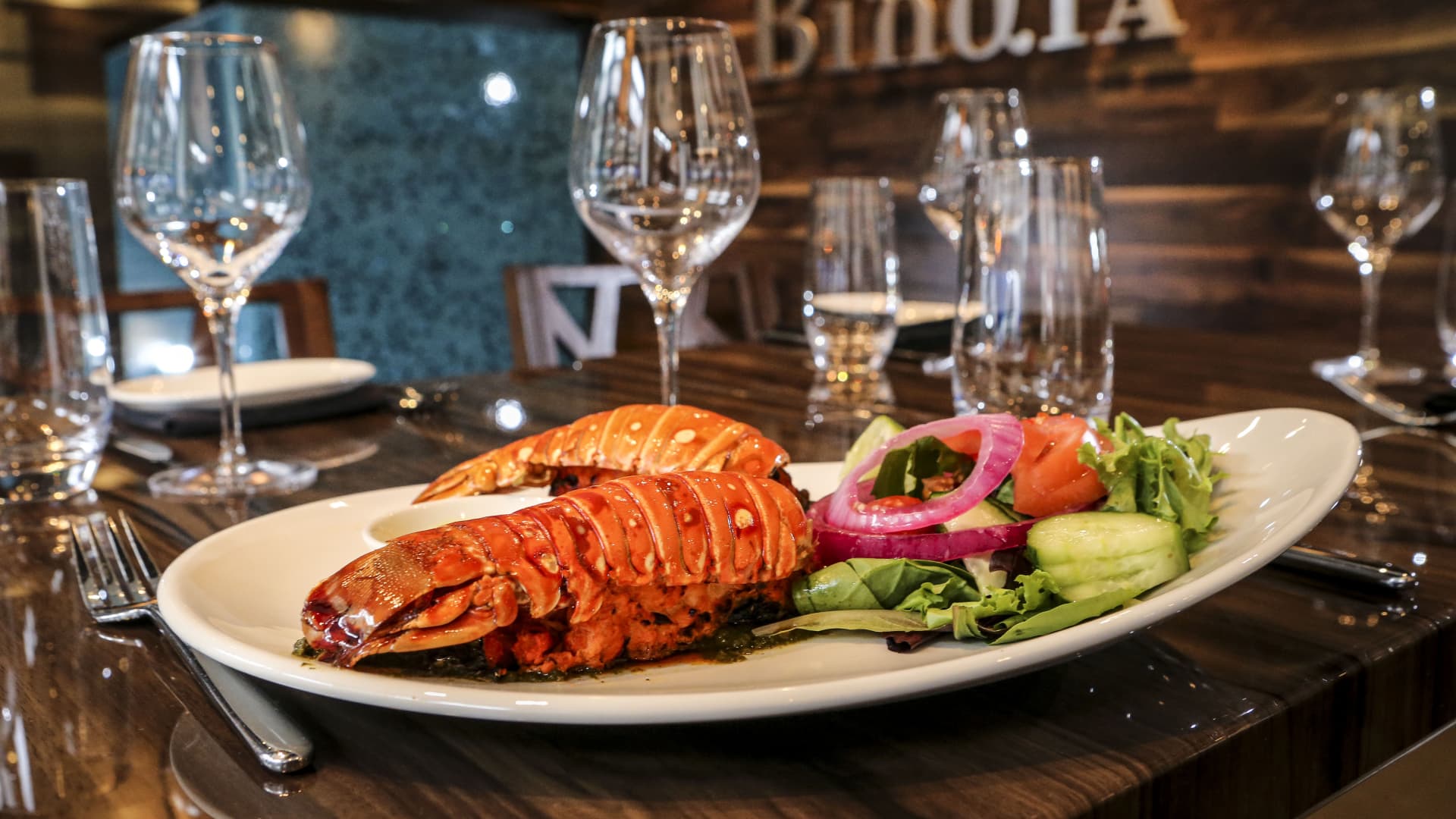 Tandoori Lobster tail in Bindia Restaurant 16 Market St. in Toronto. 