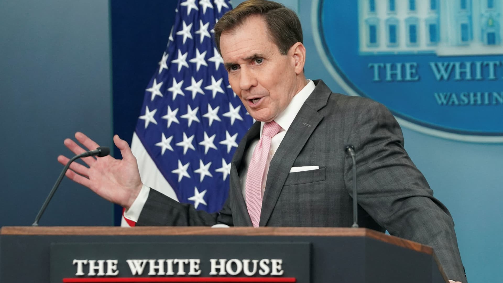 White House national security communications adviser John Kirby answers a question during a press briefing at the White House in Washington, U.S., February 13, 2024. 