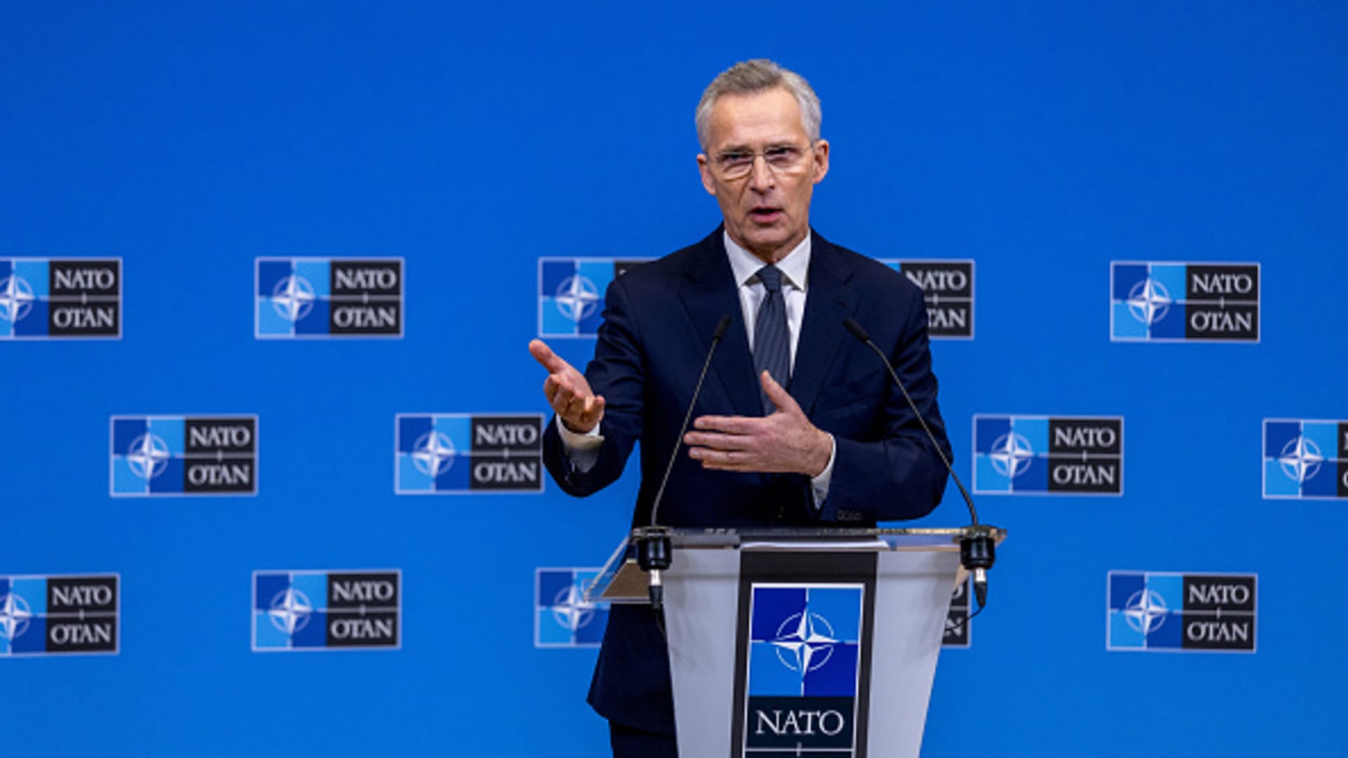 NATO Secretary General Jens Stoltenberg holds a press conference at NATO headquarters during the first of two days of defence ministers' meetings on February 14, 2024 in Brussels, Belgium. 