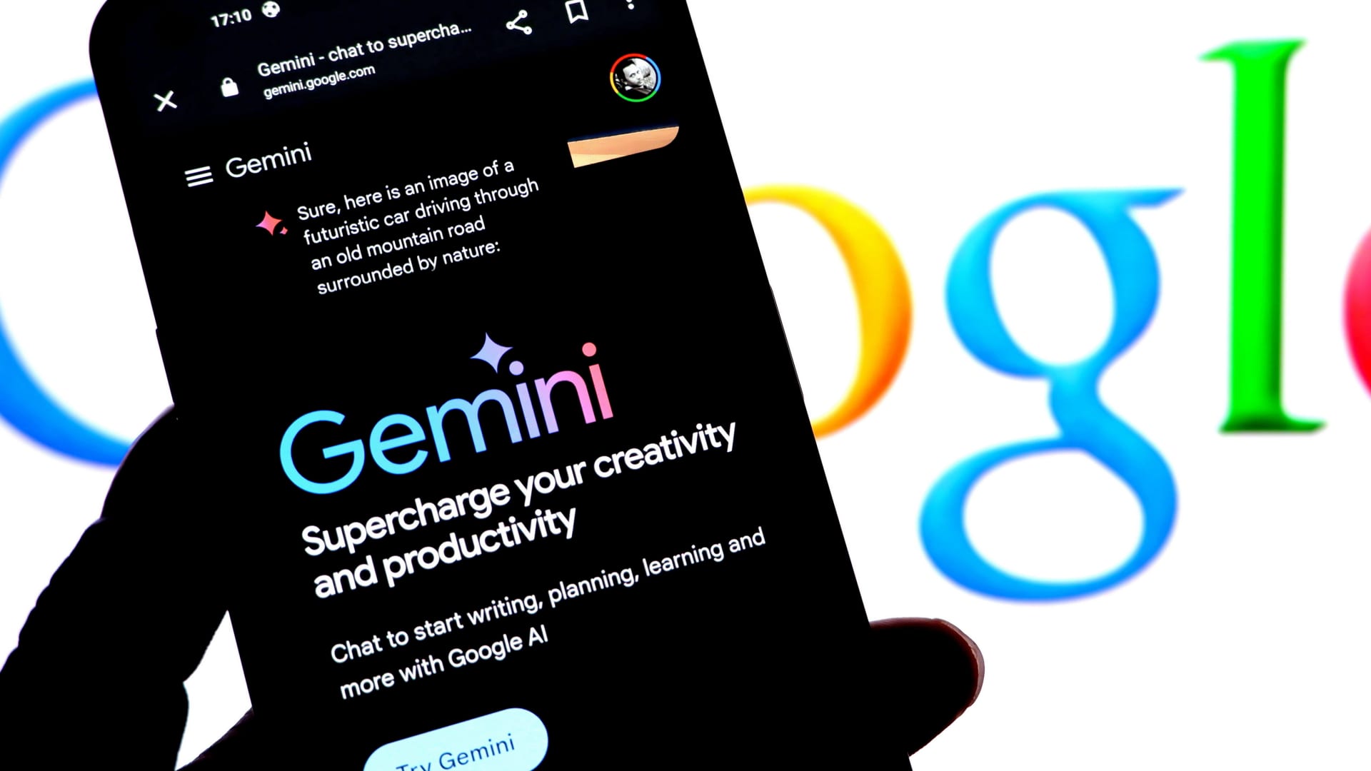 In this photo illustration, a Gemini logo is seen displayed on a smartphone with a Google logo in the background.