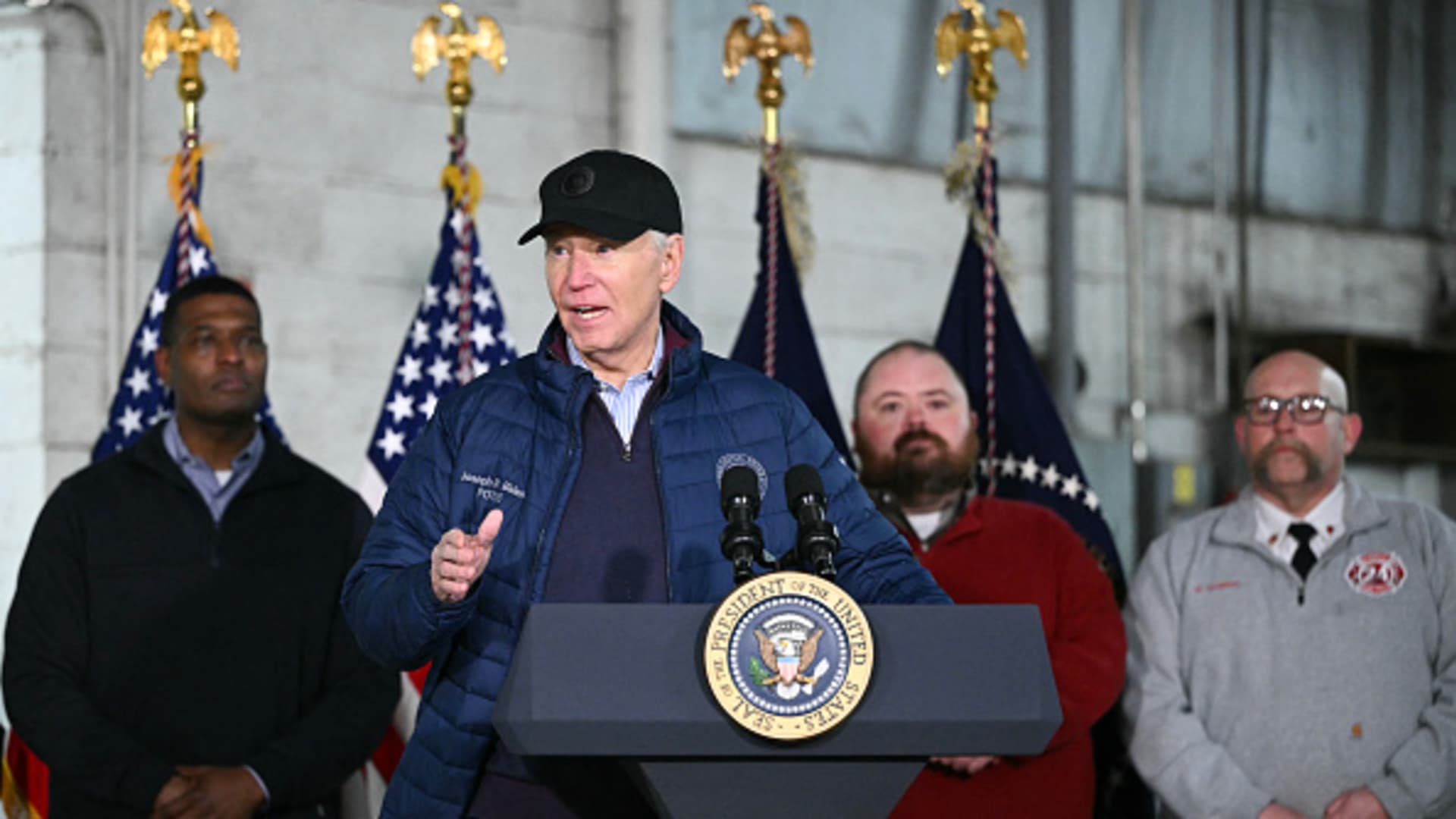 US President Joe Biden speaks after receiving an operational briefing from officials on the continuing response and recovery efforts at the site of a train derailment which spilled hazardous chemicals a year ago in East Palestine, Ohio on February 16, 2024.