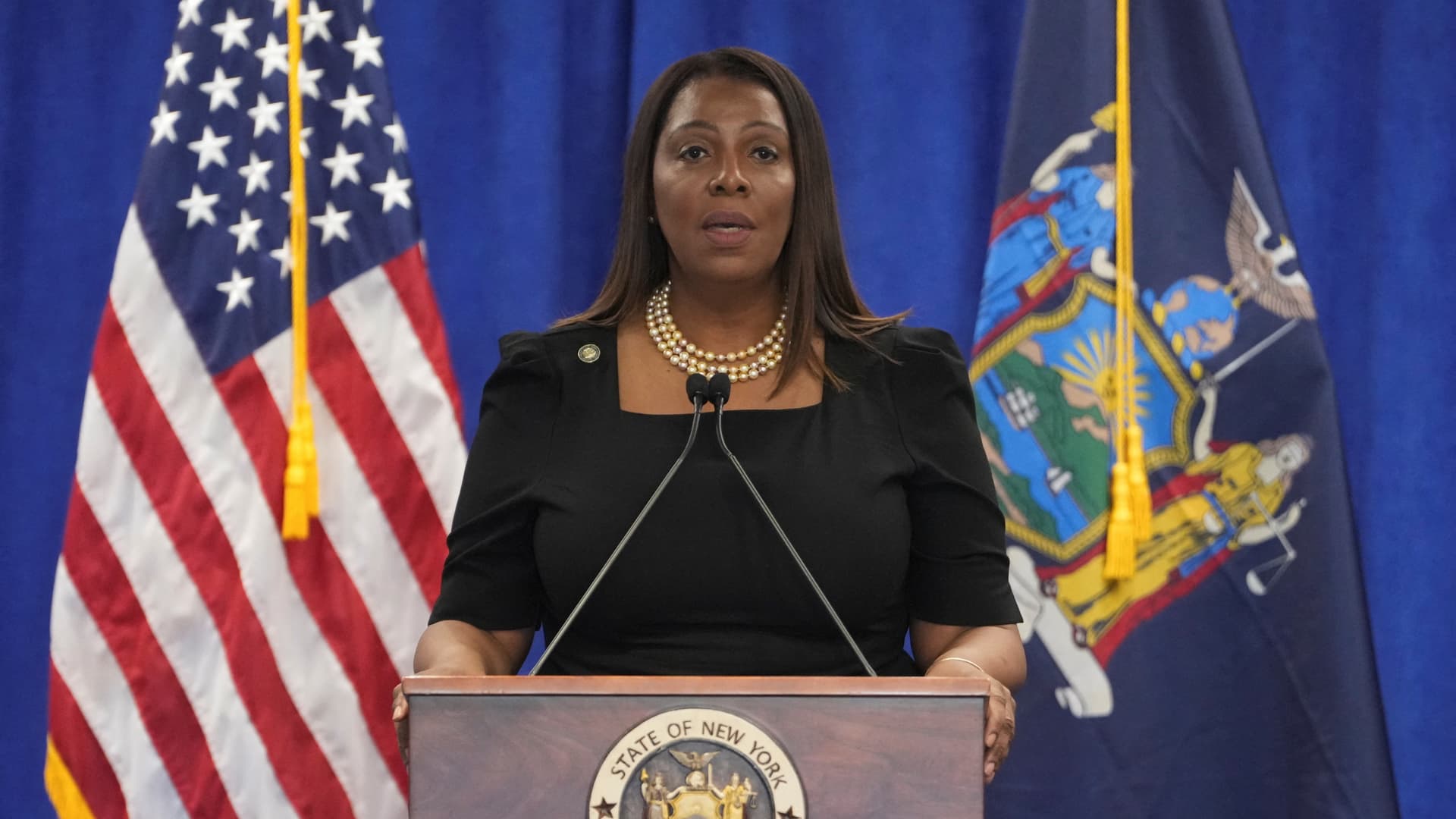 New York Attorney General Letitia James speaks during a press conference following a ruling against former U.S. President Donald Trump ordering him to pay $354.9 million and barring him from doing business in New York State for three years, in the Manhattan borough of New York City, U.S., February 16, 2024. 
