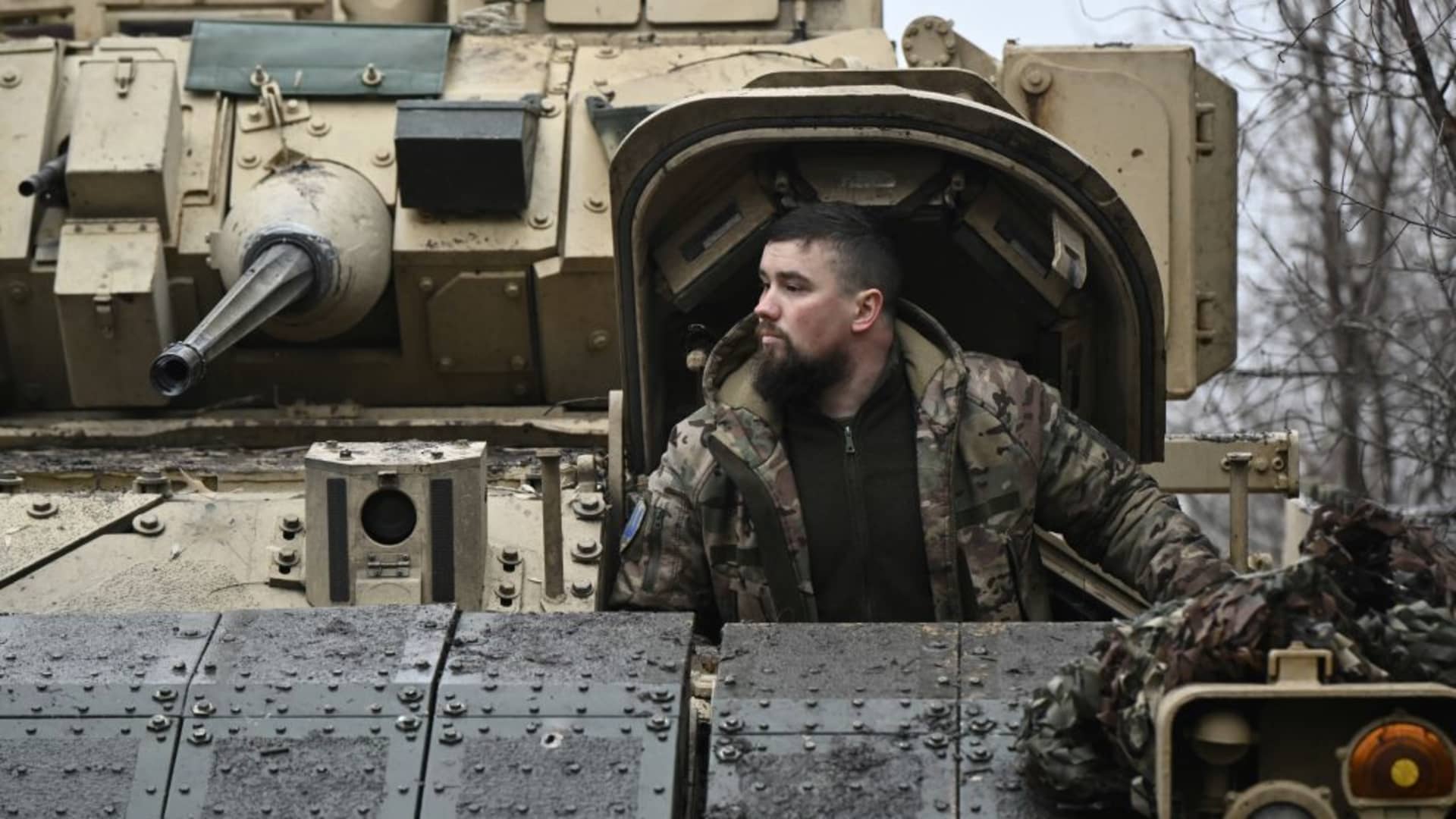A Ukrainian serviceman of the 47th Mechanized Brigade prepares for combat a Bradley fighting vehicle, not far away from Avdiivka, Donetsk region on February 11, 2024, amid the Russian invasion of Ukraine. 