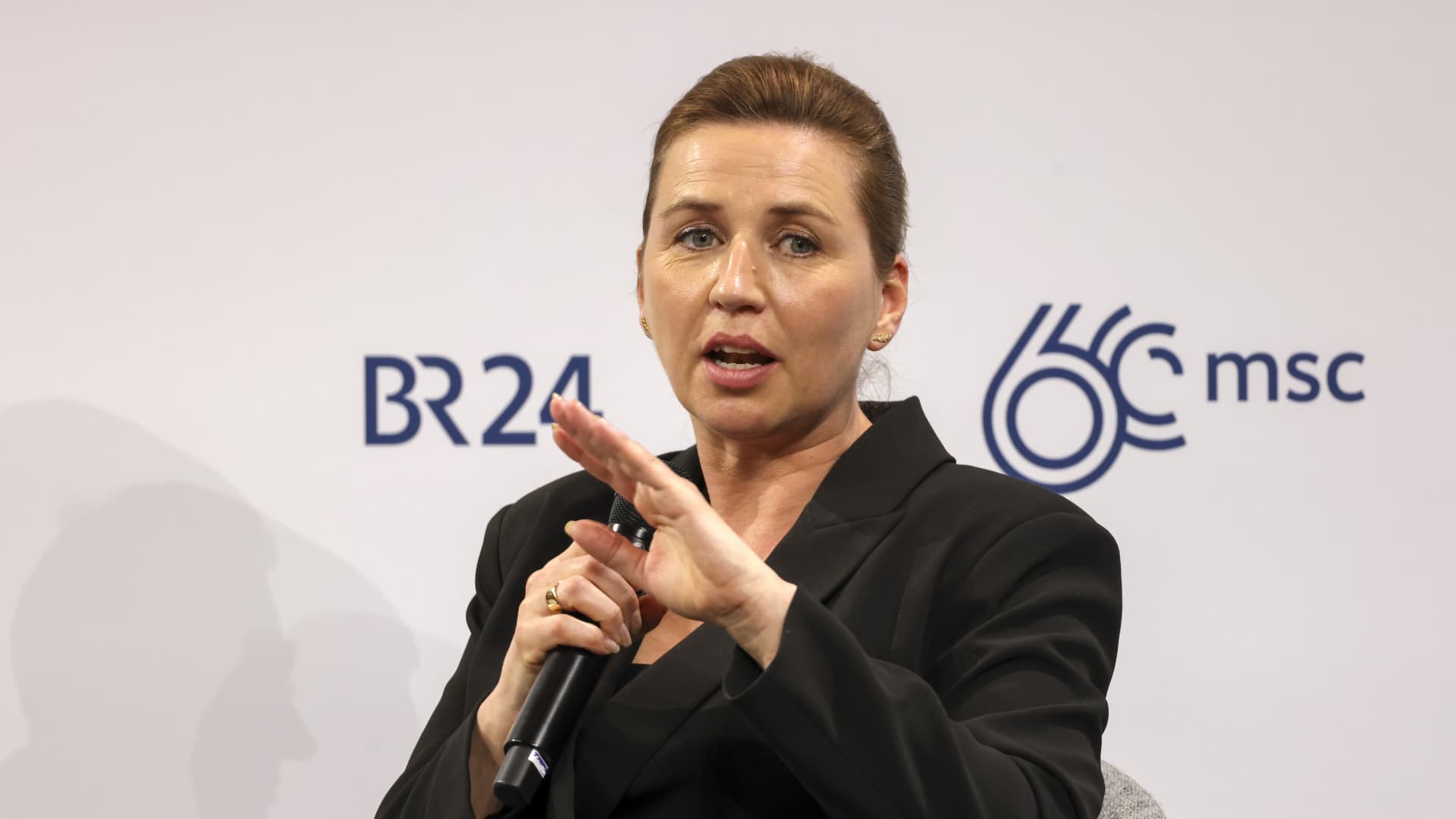 Mette Frederiksen, Denmark's prime minister, speaks on day two of the Munich Security Conference in Munich, Germany, on Saturday, Feb. 17, 2024. 