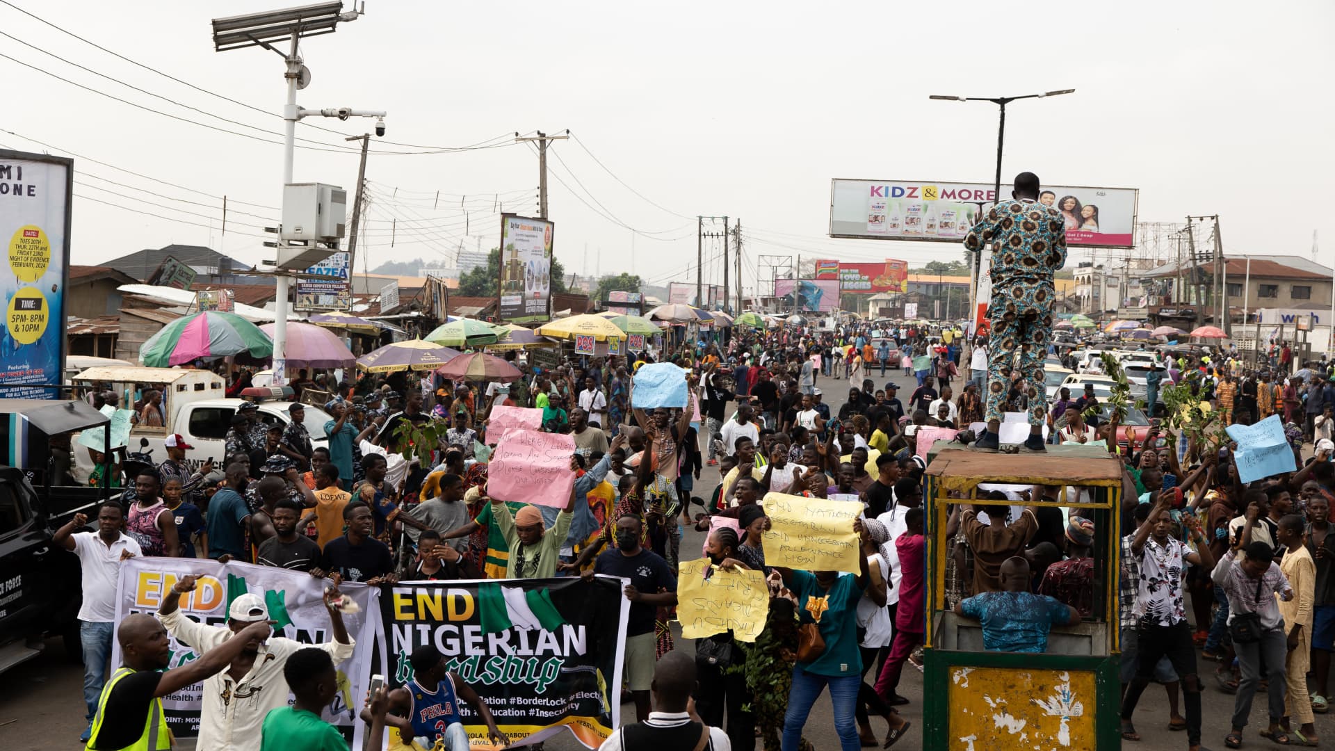 IBADAN, Nigeria - Feb. 19, 2024: Demonstrators are seen at a protest against the hike in price and hard living conditions in Ibadan on February 19, 2024.