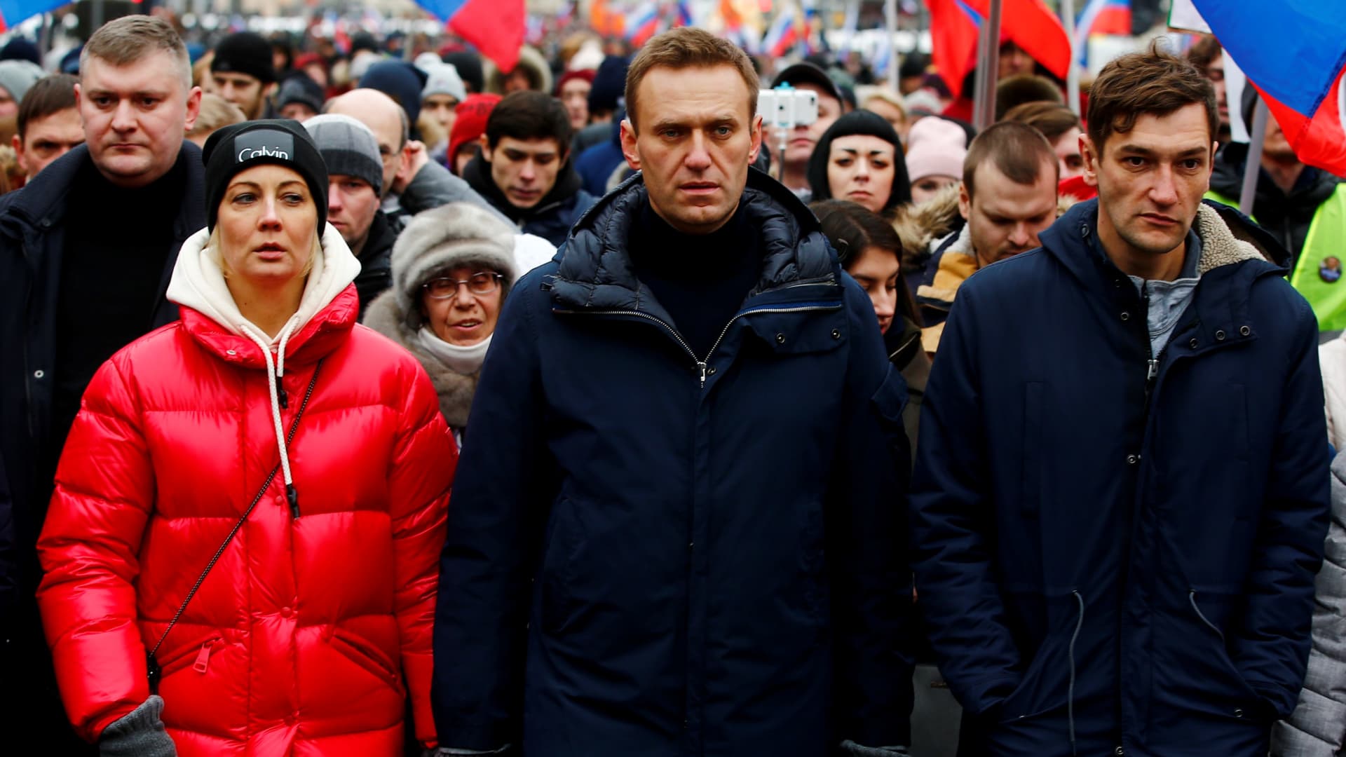 Russian opposition leader Alexei Navalny, his wife Yulia and brother Oleg take part in a march at Strastnoy Boulevard in memory of Russian politician and opposition leader Boris Nemtsov on his 4th death anniversary in Moscow, Russia on February 24, 2019.