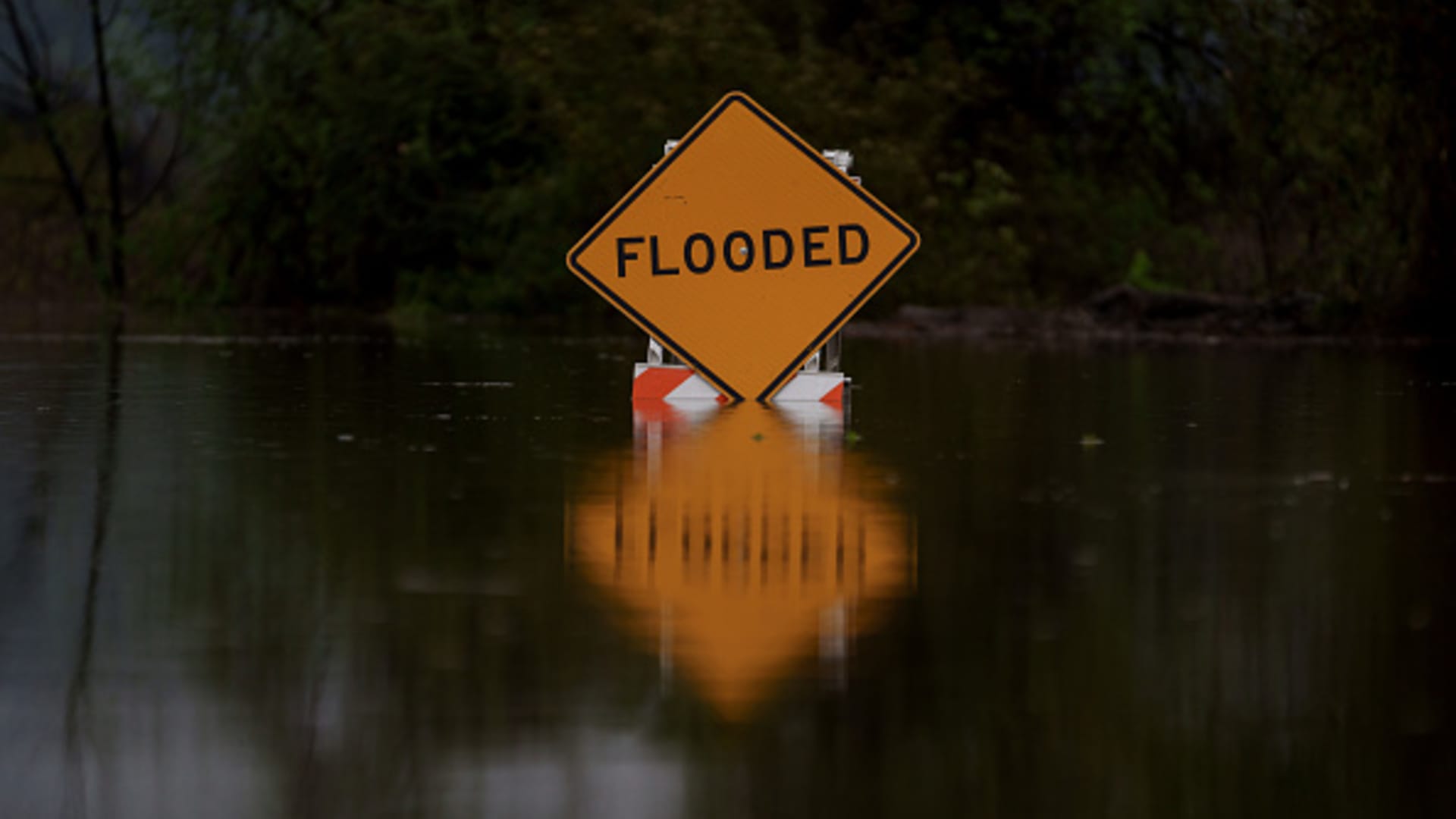 A flood sign during a storm in Whittier, California, on Feb. 6, 2024.