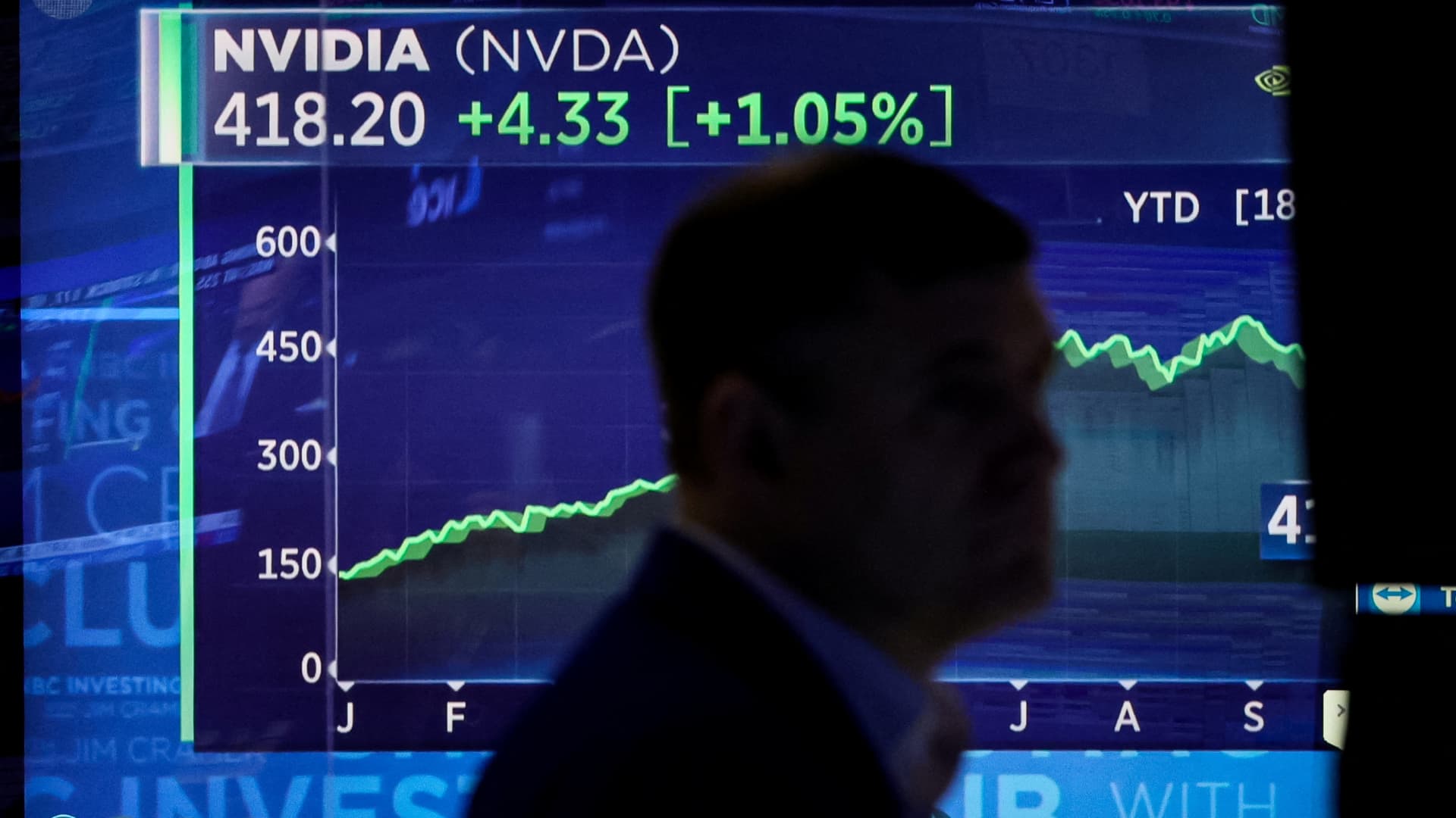 A screen tracks NVIDIA Corp. as a trader works on the floor at the New York Stock Exchange (NYSE) in New York City, U.S., October 23, 2023.