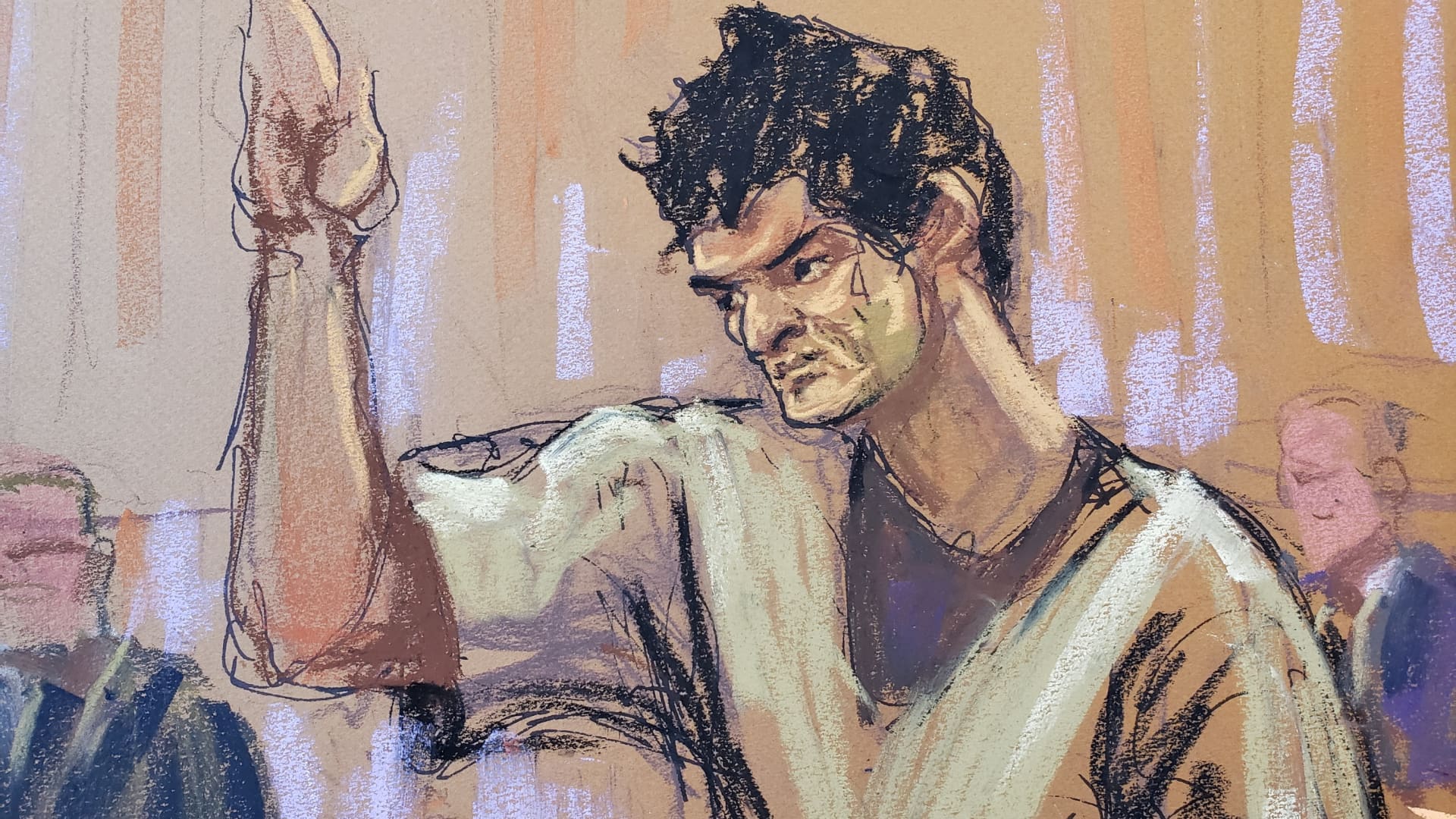 Sam Bankman-Fried, the jailed founder of bankrupt cryptocurrency exchange FTX, is sworn in as he appears in court for the first time since his November fraud conviction, at a courthouse in New York, U.S., February 21, 2024 in this courtroom sketch. 
