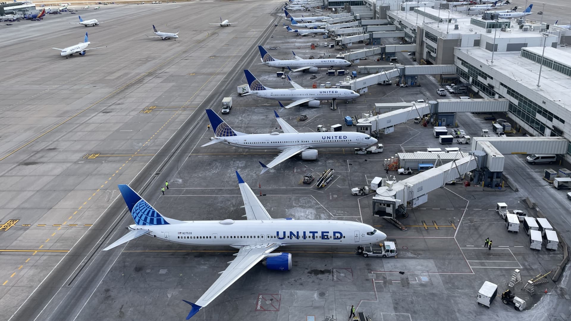 United Airlines planes at Denver International Airport.
