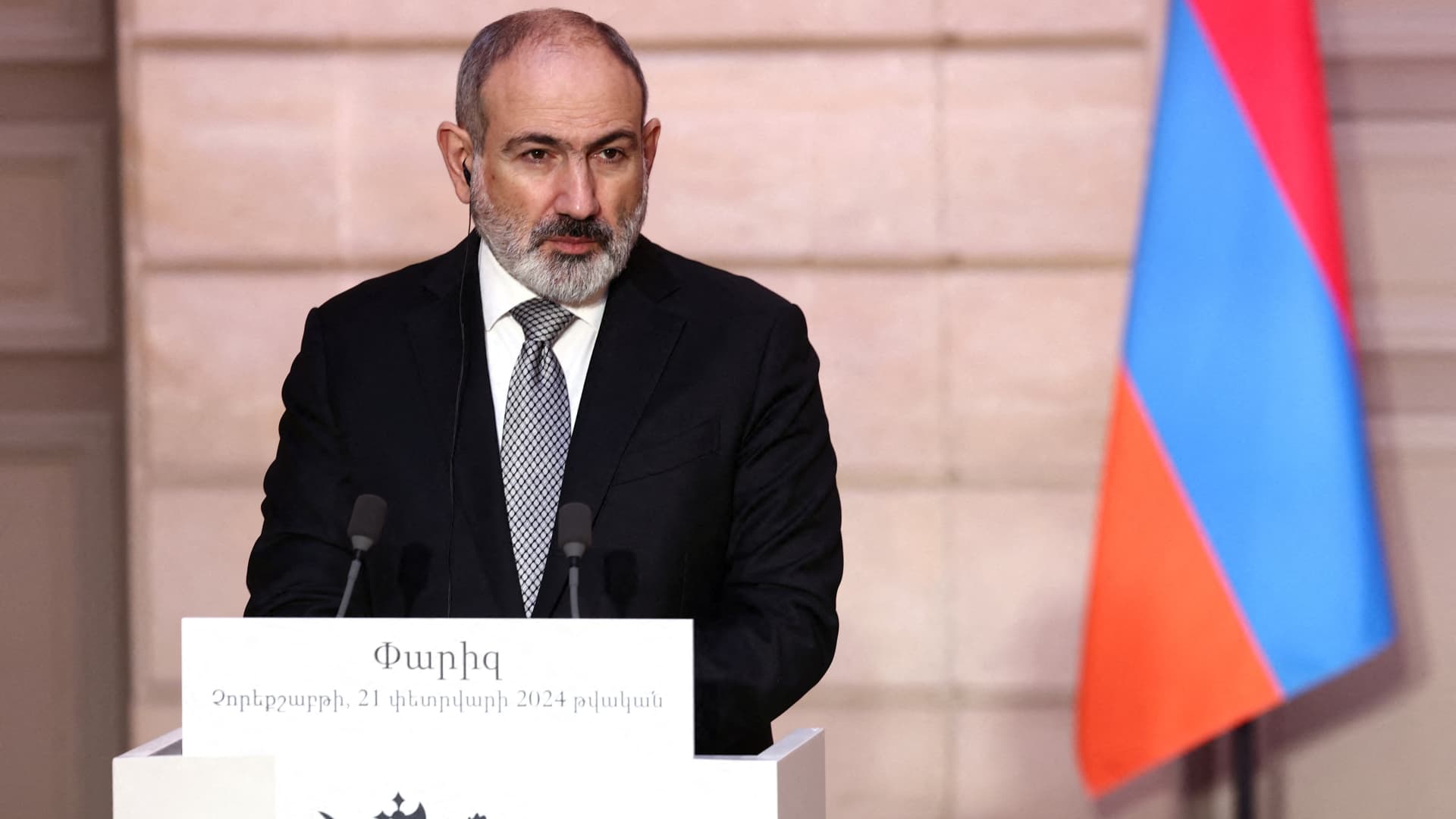 Armenian Prime Minister Nikol Pashinyan speaks during a joint press conference with the French President as part of a meeting on the sidelines of the entry ceremony for Armenian Resistance fighter Missak Manouchian and his resistance comrades into the Pantheon, at the Elysee Palace, in Paris on February 21, 2024.
