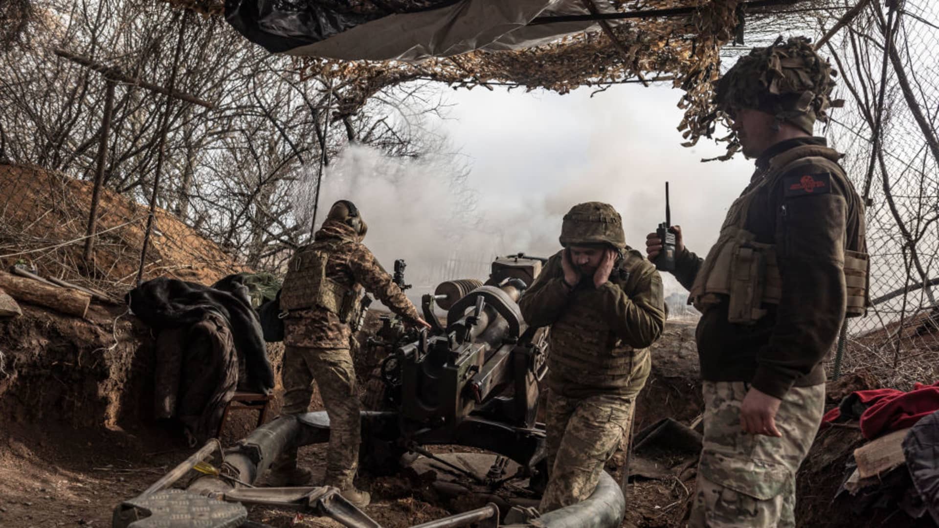 Ukrainian soldiers fire the L119 artillery as the war's second anniversary nears in the direction of Marinka, Donetsk Oblast, Ukraine, on February 23, 2024. 