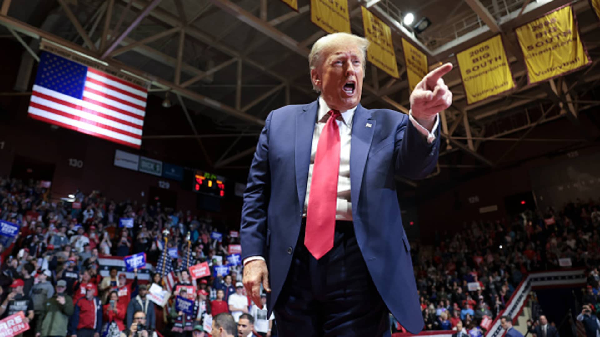 Republican presidential candidate and former President Donald Trump thanks supporters after speaking at a Get Out The Vote rally at Winthrop University on February 23, 2024 in Rock Hill, South Carolina.