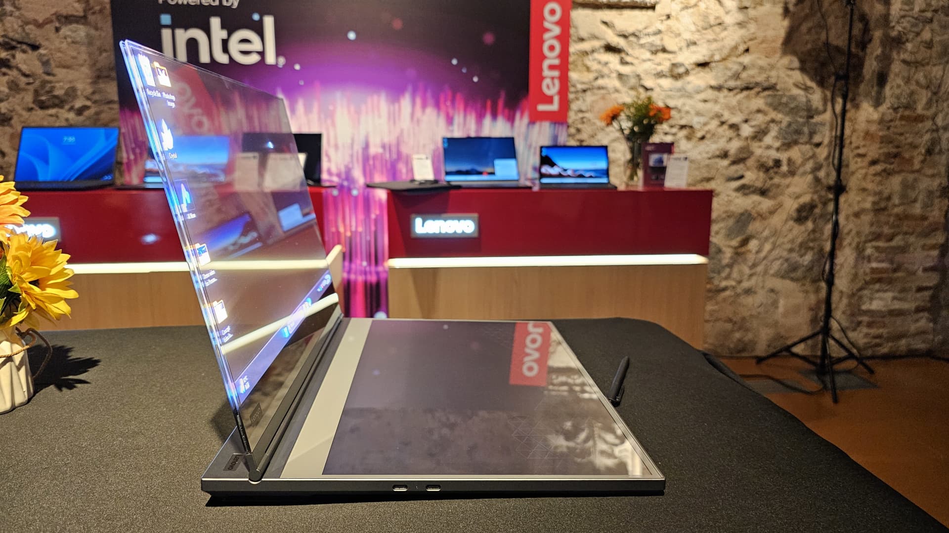 A side view of Lenovo's transparent laptop screen.