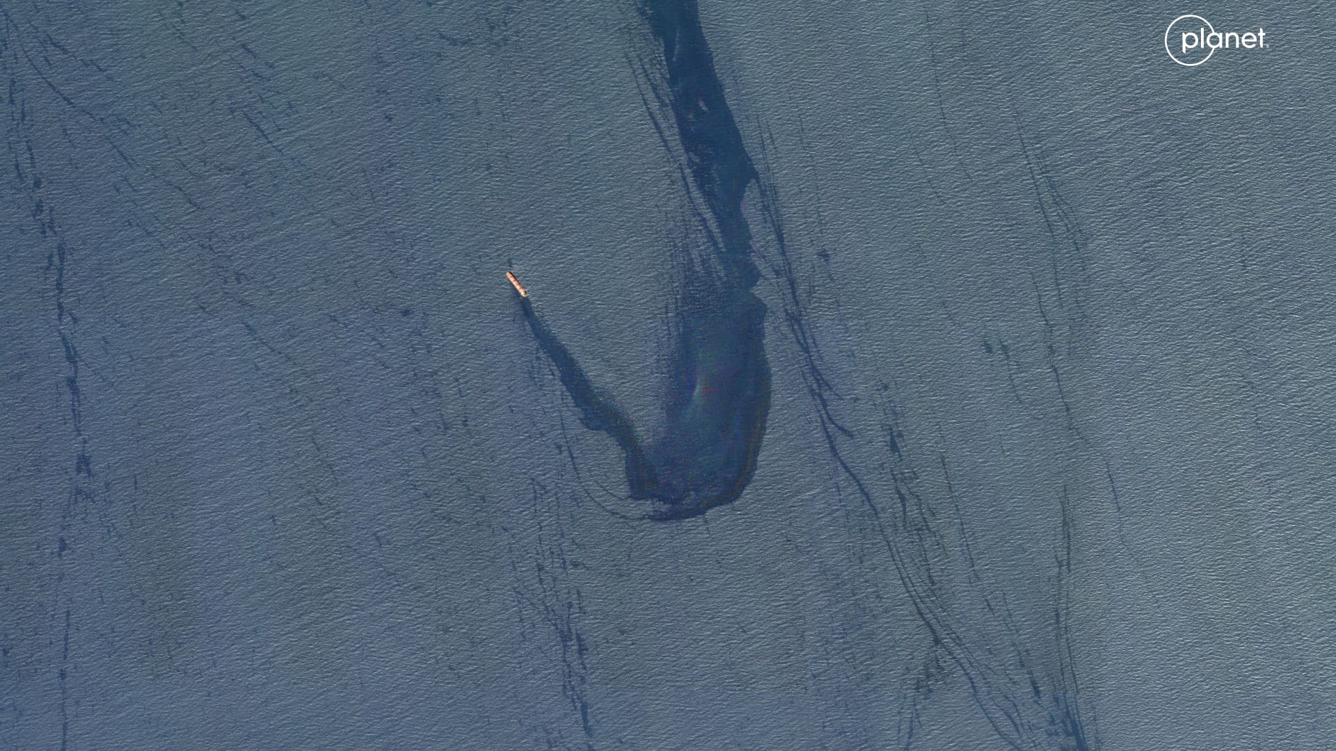 Satellite imagery captured by Planet Labs on Feb. 20 of oil slick in Red Sea after Houthi attack on Belize-flagged, UK-owned bulk carrier M/V Rubymar.