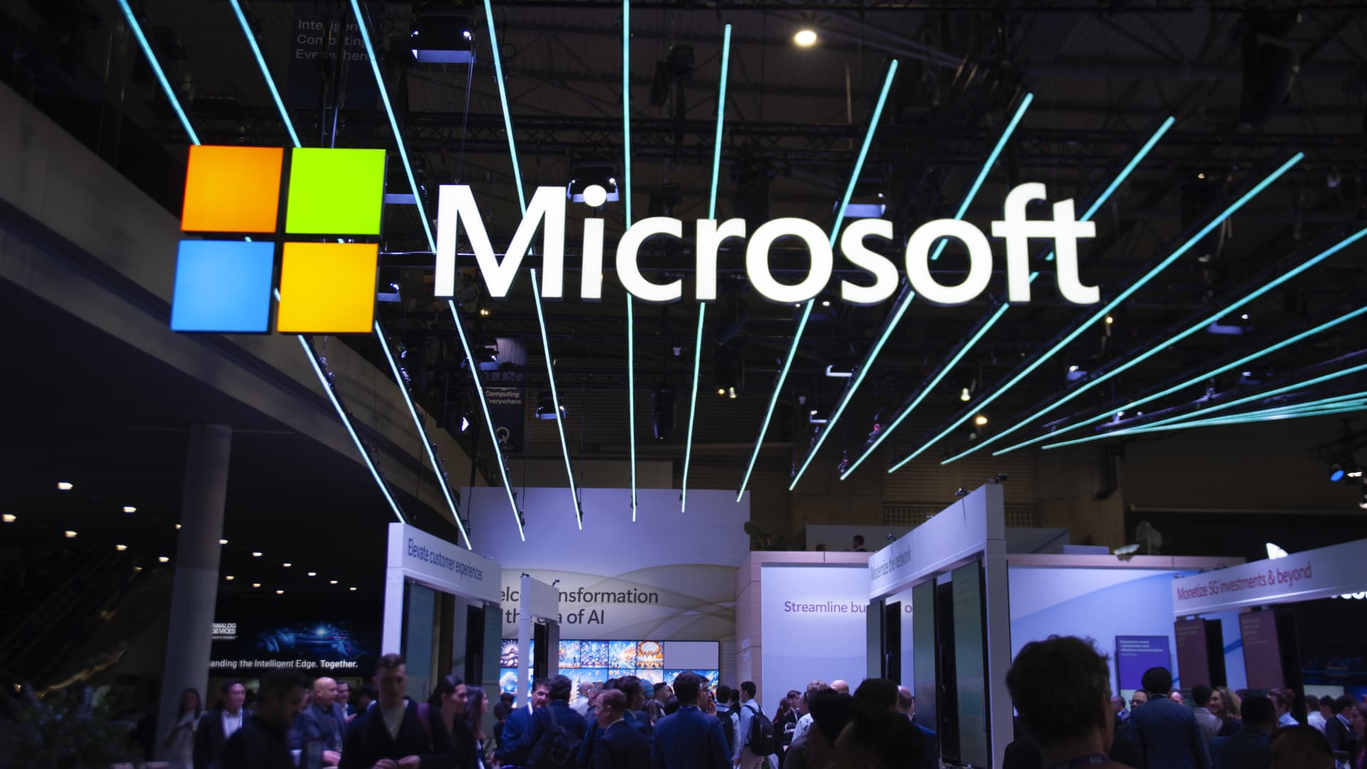 The Microsoft logo is on display at the Mobile World Congress in Barcelona, Spain, on February 26, 2024.