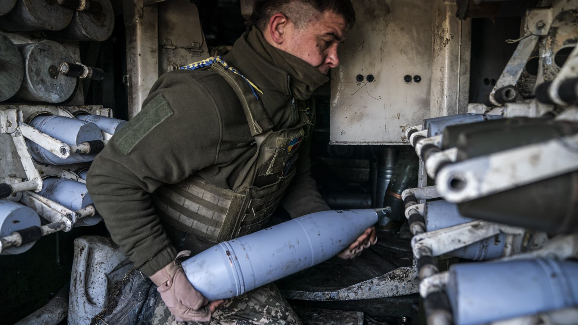 Ukrainian soldiers prepare their next artillery fire from their fighting position as the Russia-Ukraine war continues in the direction of Bakhmut, Donetsk Oblast, Ukraine on February 26, 2024. (Photo by Jose Colon/Anadolu via Getty Images)
