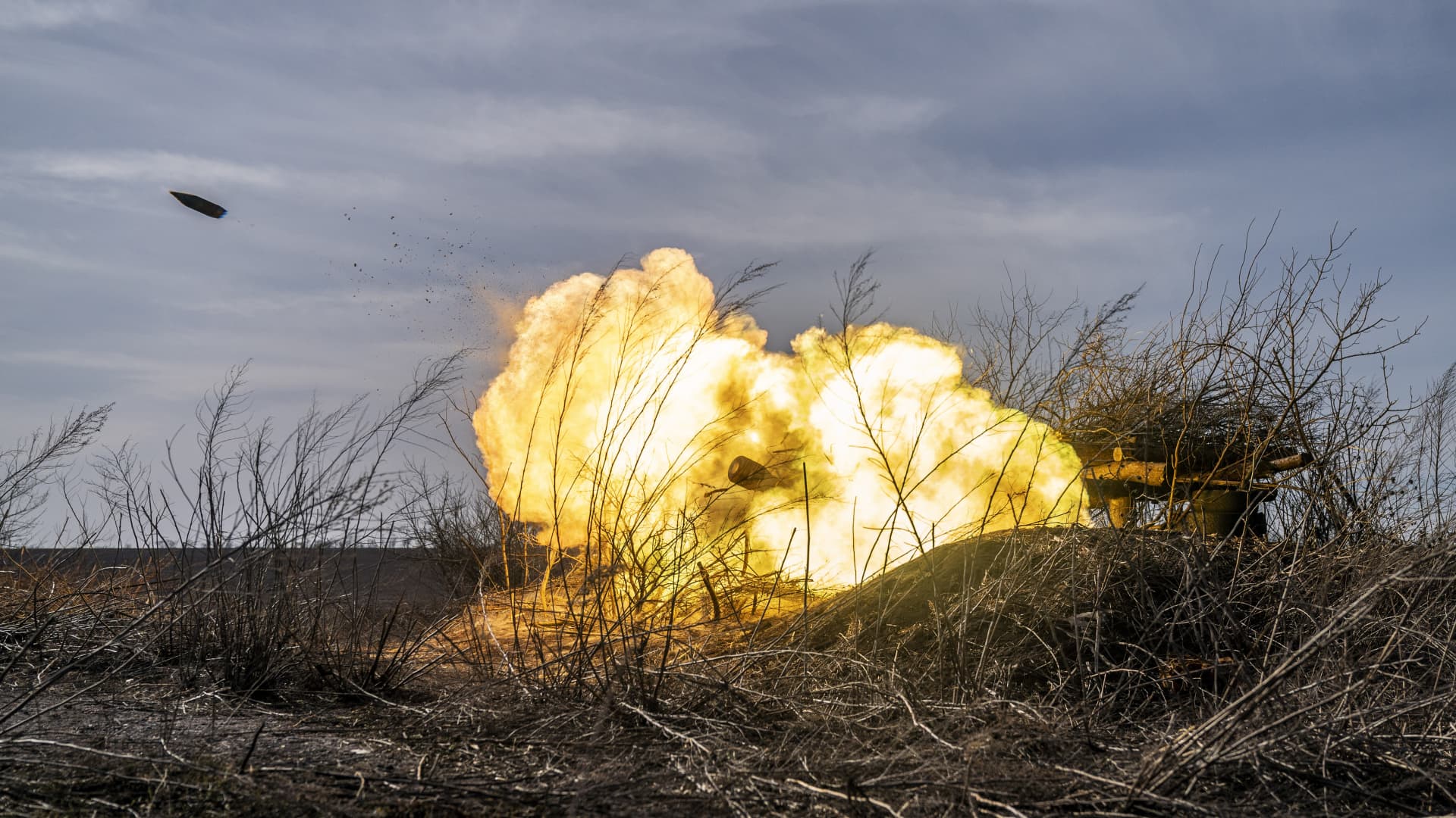 Ukrainian soldiers firing artillery at their fighting position as the Russia-Ukraine war continues in the direction of Bakhmut, Donetsk Oblast, Ukraine on February 26, 2024.