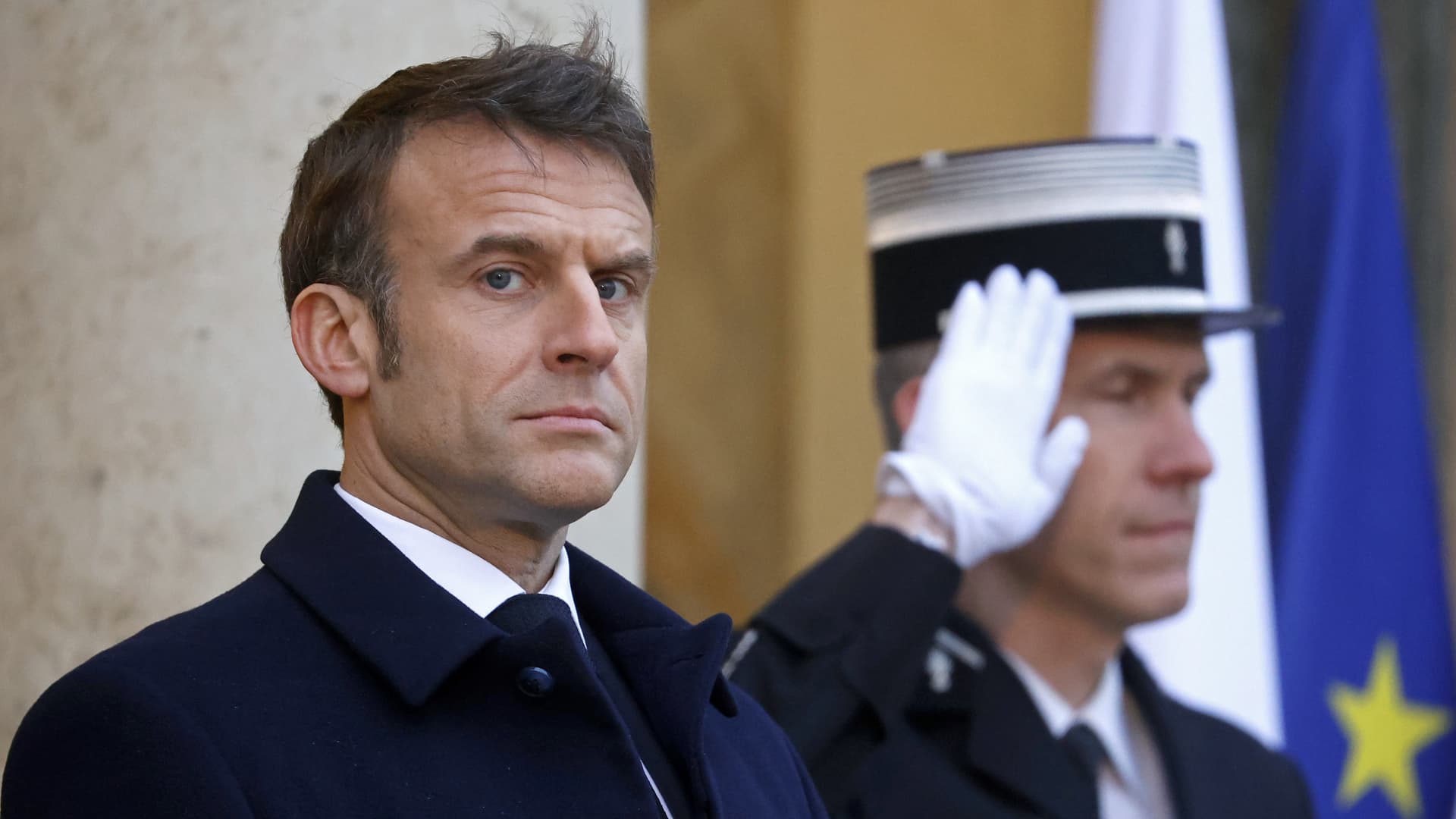 French President Emmanuel Macron waits for guest arrivals for a conference in support of Ukraine with European leaders and government representatives on February 26, 2024 in Paris, France. 