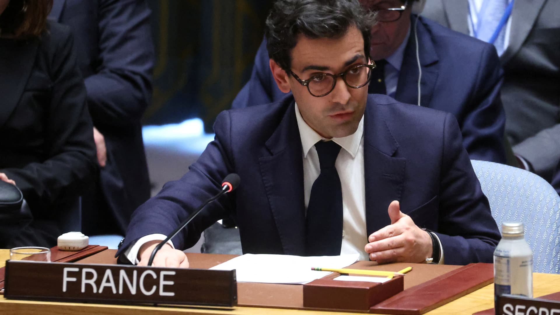 French Foreign Minister Stephane Sejourne speaks during a United Nations Security Council meeting ahead of the 2nd anniversary of the Russian invasion of Ukraine, at the U.N. headquarters in New York, U.S., February 23, 2024. 