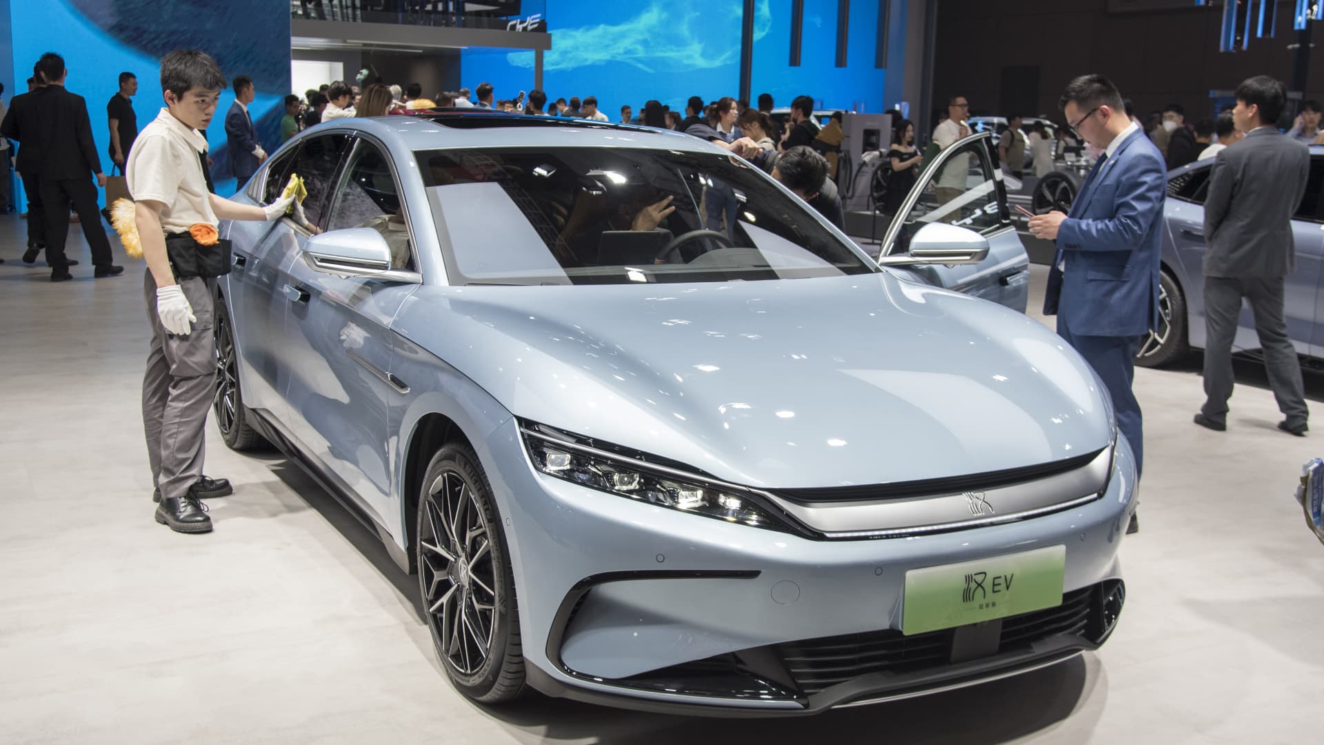  BYD Han EV sedan is on display during the Shanghai International Automobile Industry Exhibition on April 18, 2023 in Shanghai, China.