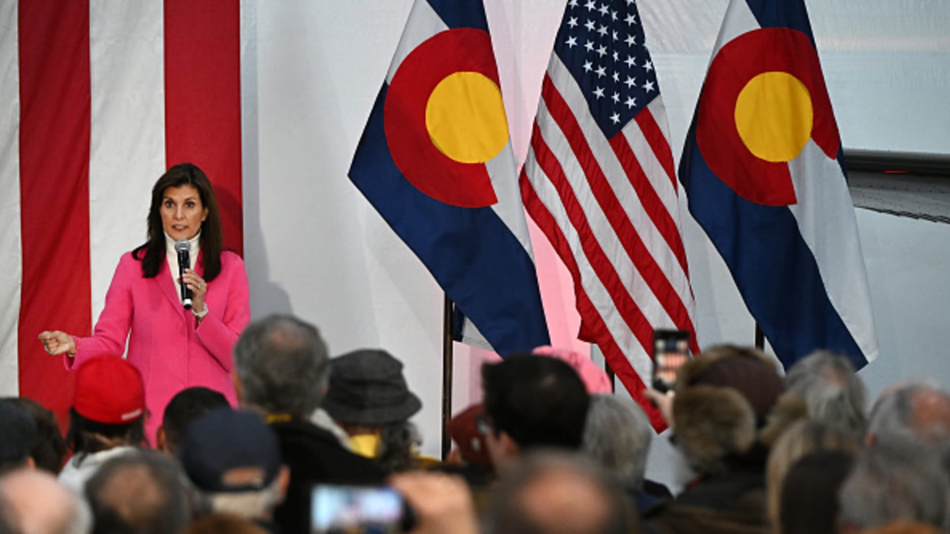 Presidential candidate Nikki Haley addresses a crowd during a campaign stop at Wings Over the Rockies Exploration of Flight Museum in Centennial, Colorado, on Feb. 27, 2024.