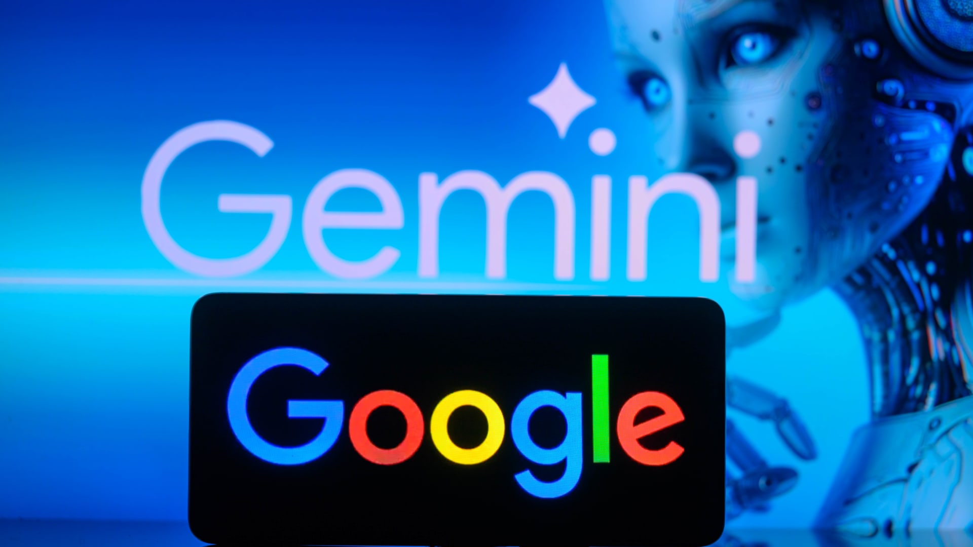 A smartphone displaying Google with the Google Gemini logo in the background is featured in this photo in Brussels, Belgium, on Feb. 8, 2024.