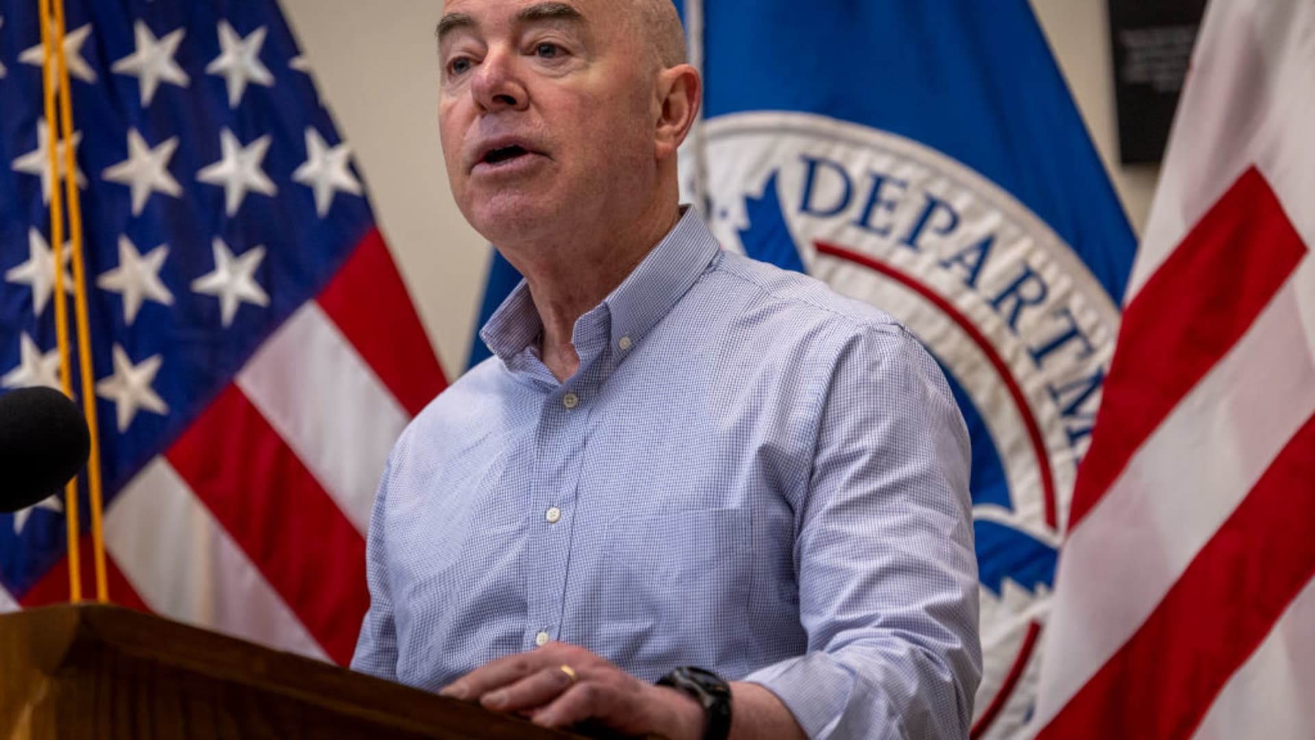 U.S. Department of Homeland Security Secretary Alejandro Mayorkas holds a press conference on Jan. 08, 2024 in Eagle Pass, Texas. 