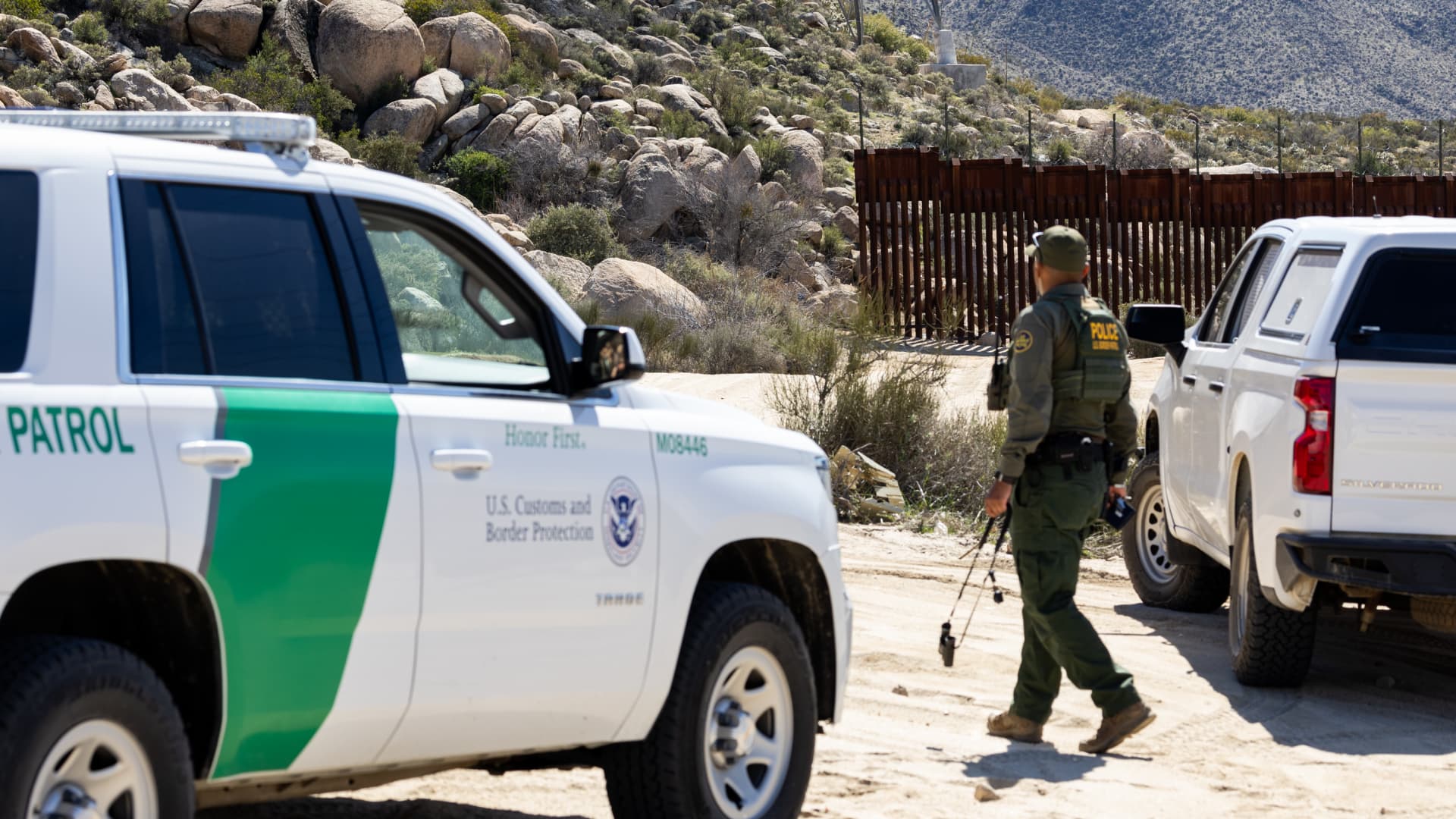 A U.S. Border Patrol agent patrols the gap in the U.S.-Mexico border fence on Feb. 23, 2024 in San Diego, California. 